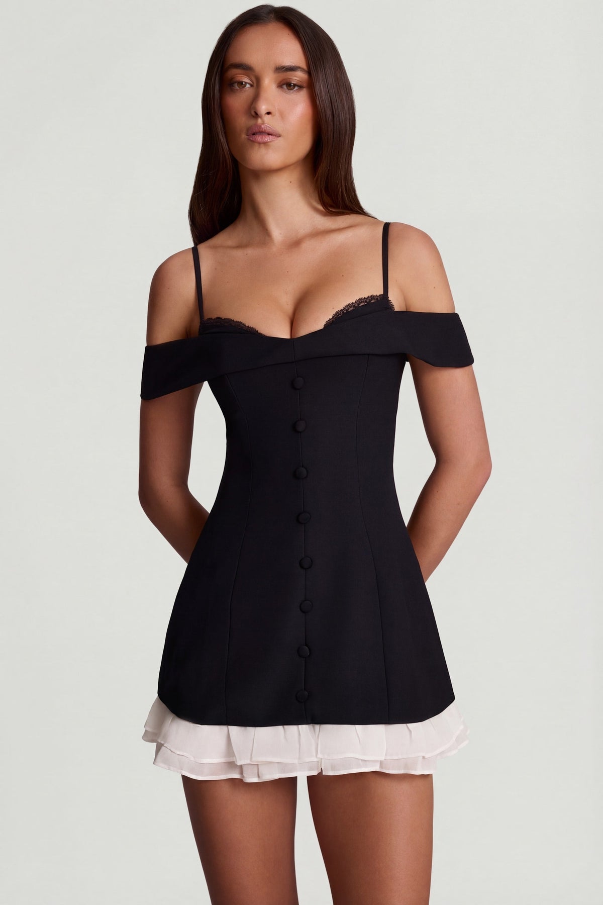 Belavie Maelia Off-Shoulder Ruffle A-Line Mini Dress in Black
