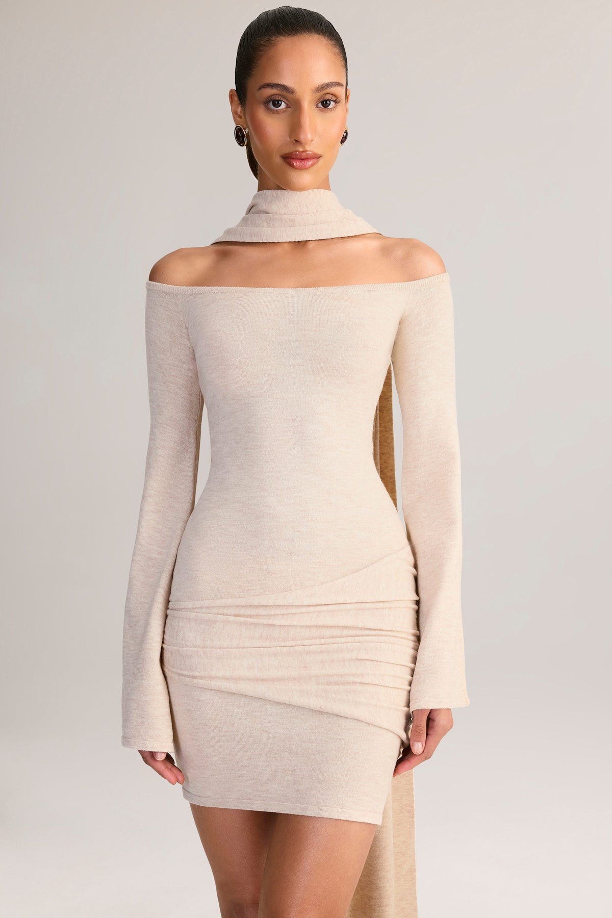 Belavie Luzie Knit Scarf-Detail Off-Shoulder Mini Dress in Cream