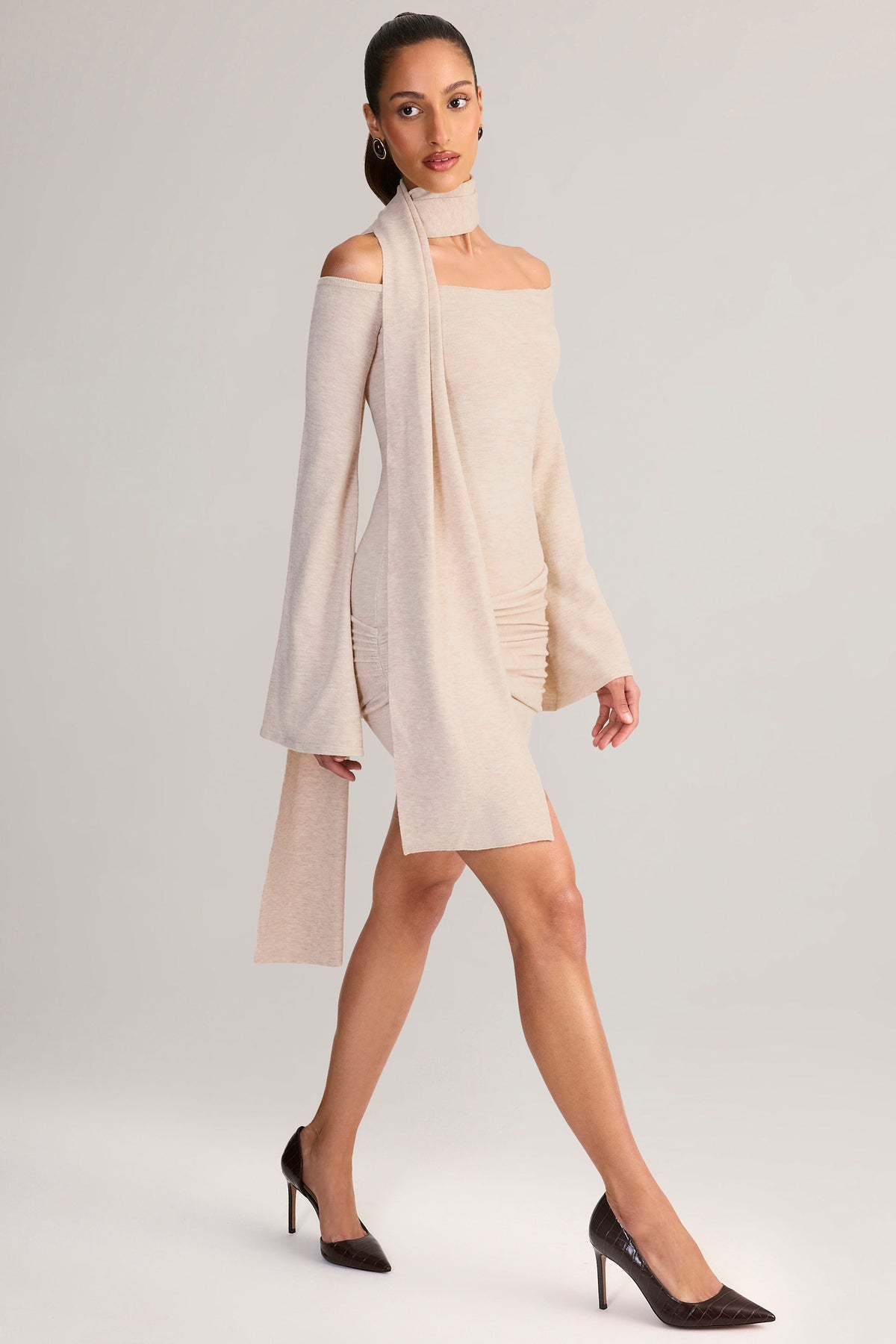 Belavie Luzie Knit Scarf-Detail Off-Shoulder Mini Dress in Cream