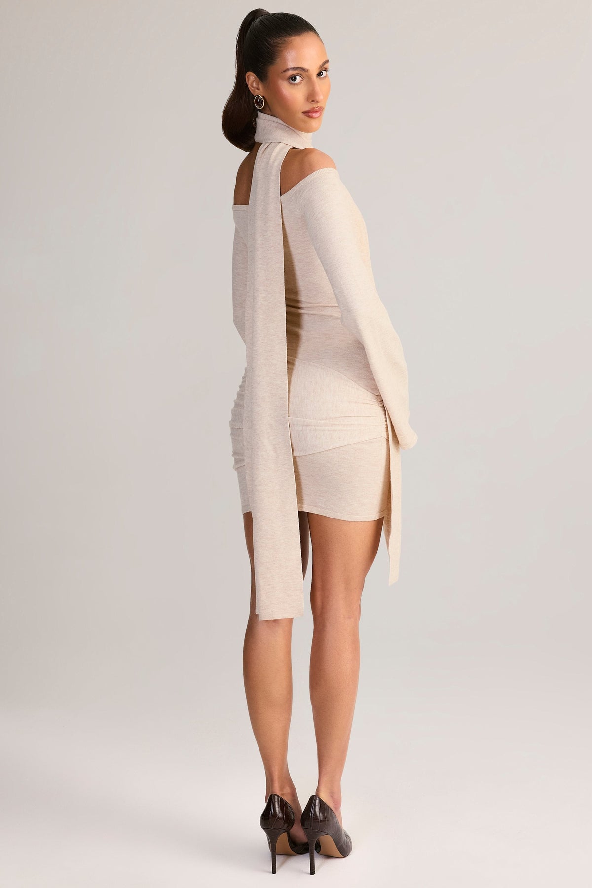 Belavie Luzie Knit Scarf-Detail Off-Shoulder Mini Dress in Cream