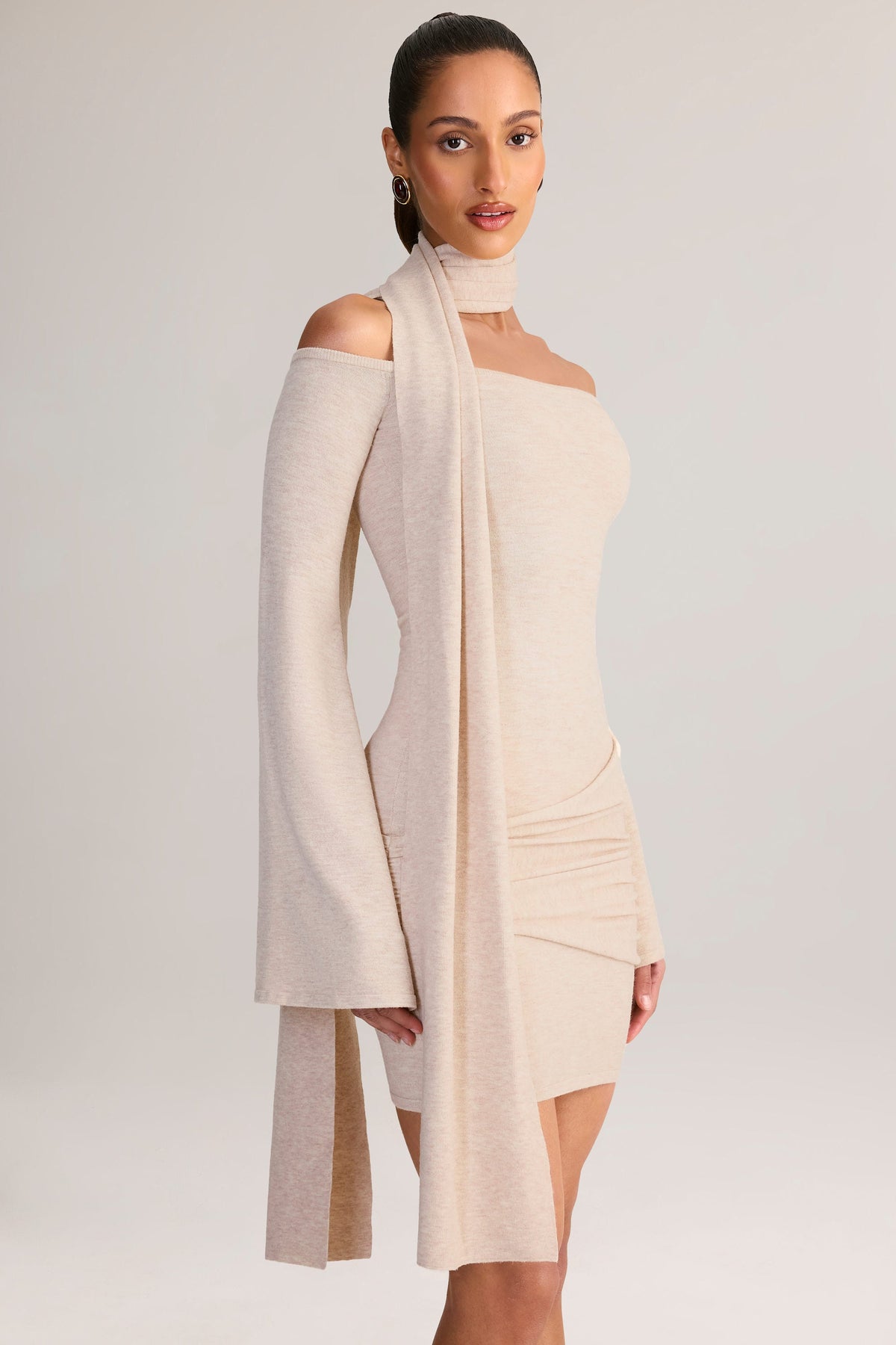Belavie Luzie Knit Scarf-Detail Off-Shoulder Mini Dress in Cream