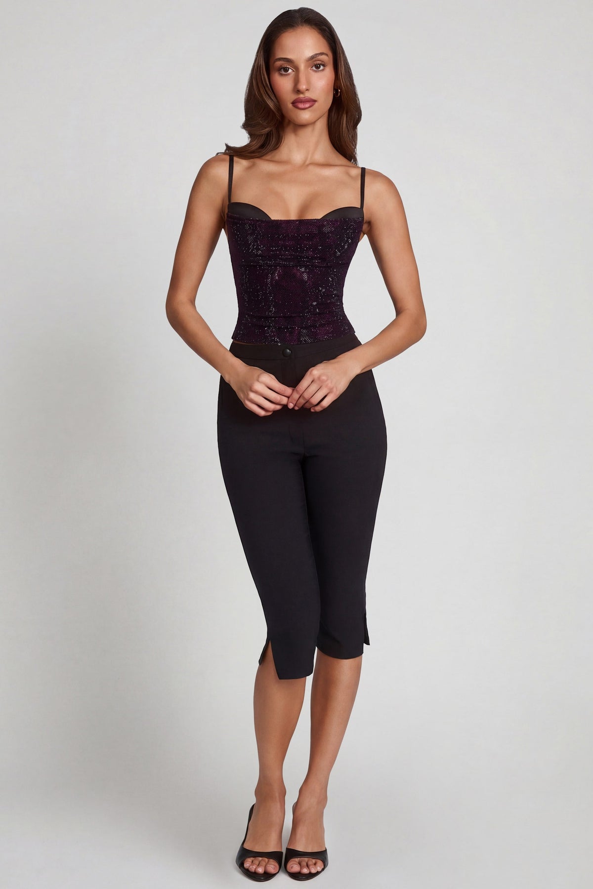 Belavie Armelie Embellished Peekaboo Cowl-Neck Top in Purple Snake