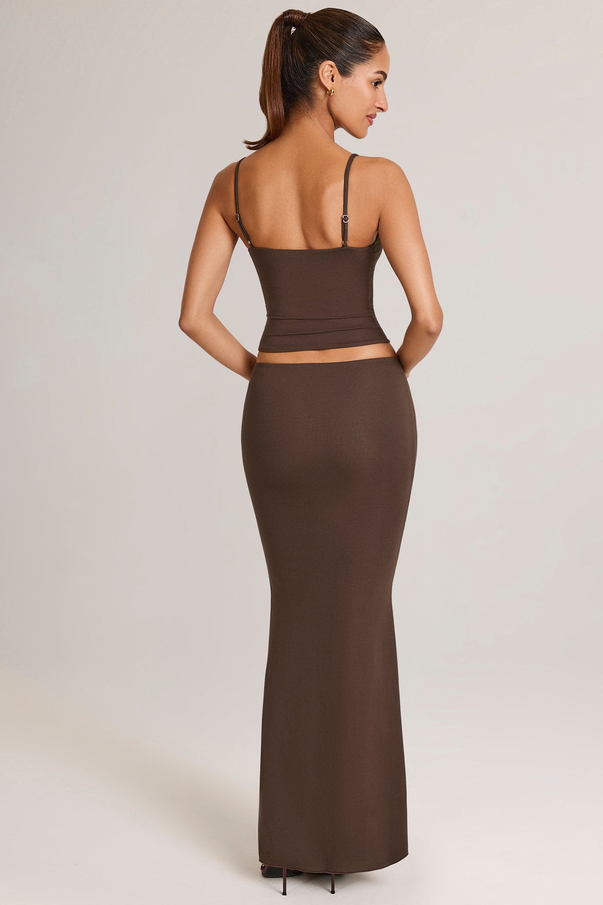 Belavie Avenlei Modal Mid-Rise Fishtail Maxi Skirt in Chocolate Brown