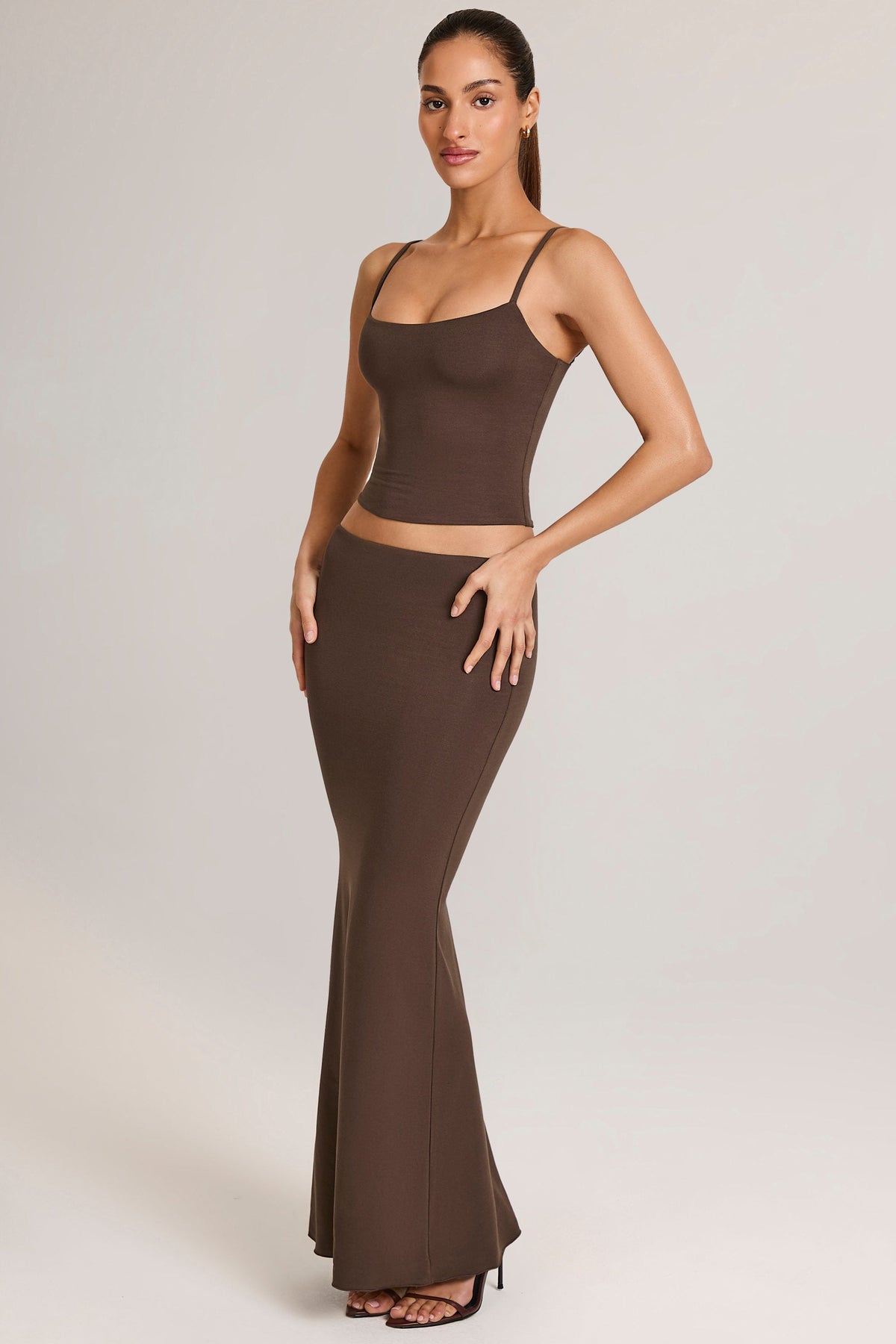 Belavie Avenlei Modal Mid-Rise Fishtail Maxi Skirt in Chocolate Brown