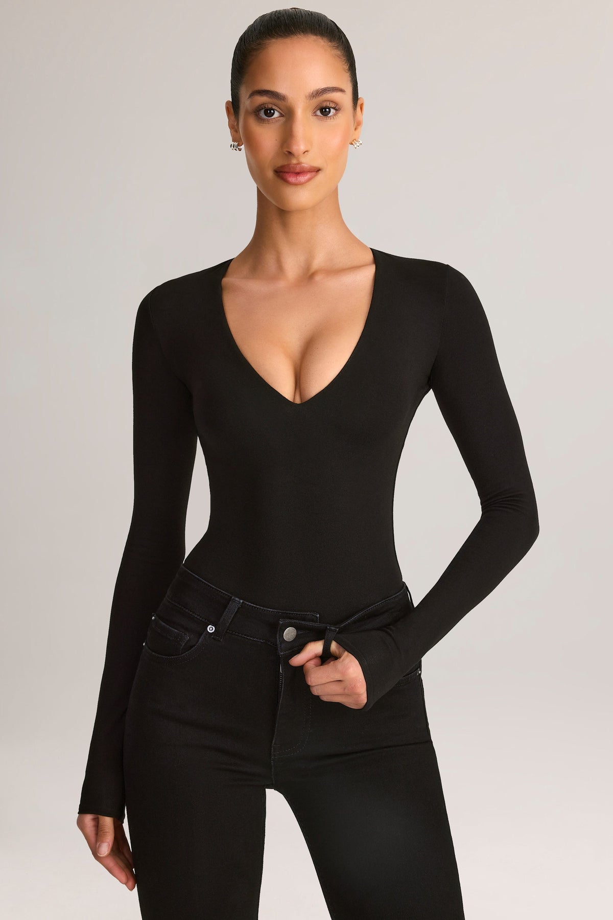 Belavie Elodia Modal Plunge Long-Sleeve Bodysuit in Black
