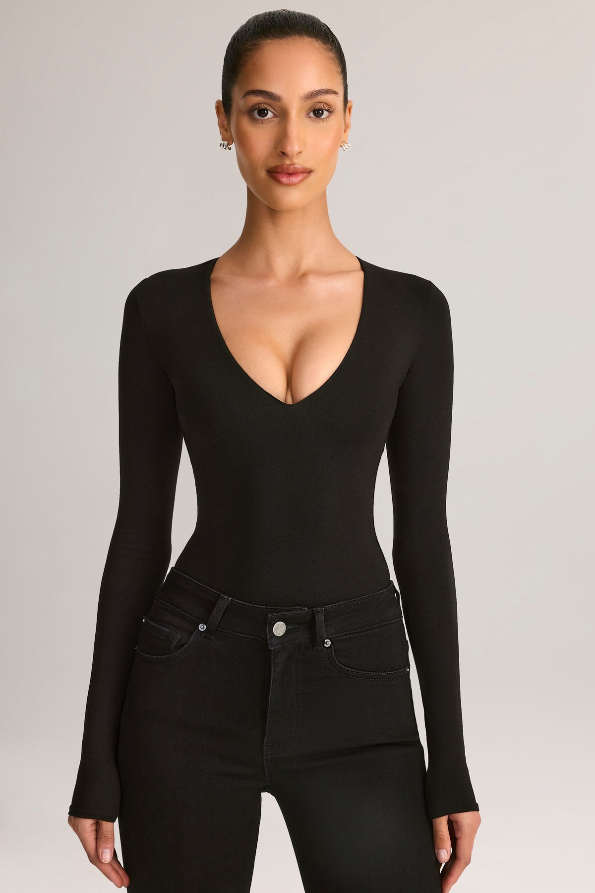 Belavie Elodia Modal Plunge Long-Sleeve Bodysuit in Black