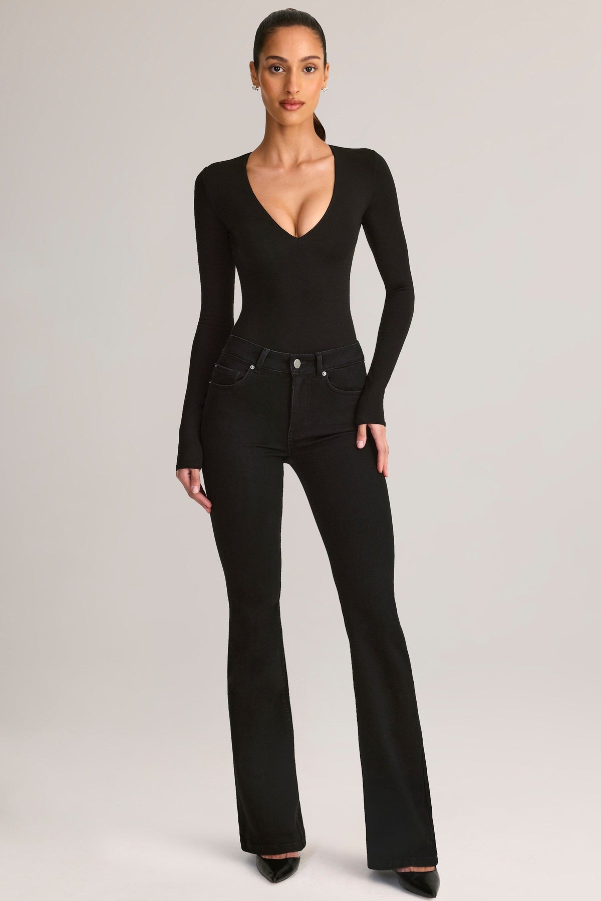 Belavie Elodia Modal Plunge Long-Sleeve Bodysuit in Black