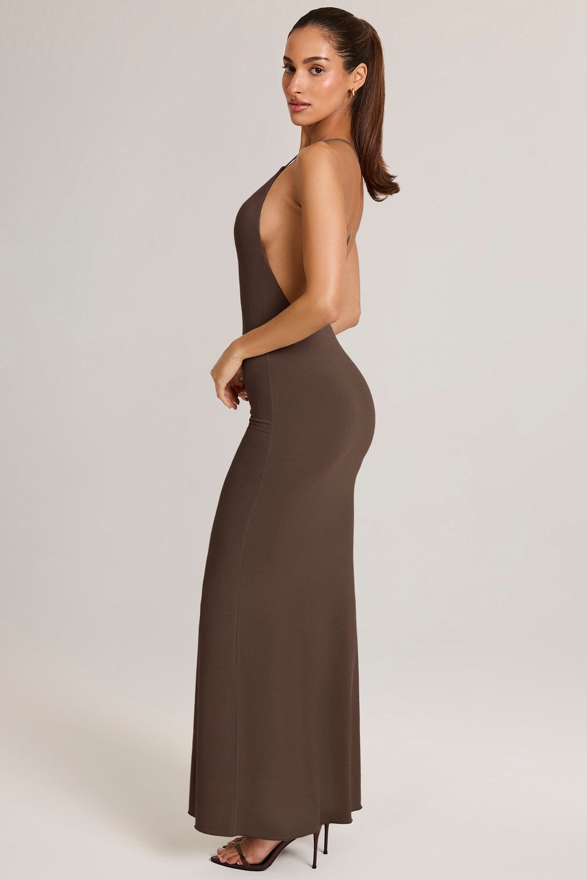 Belavie Leira Modal Plunge Backless Maxi Dress in Chocolate Brown
