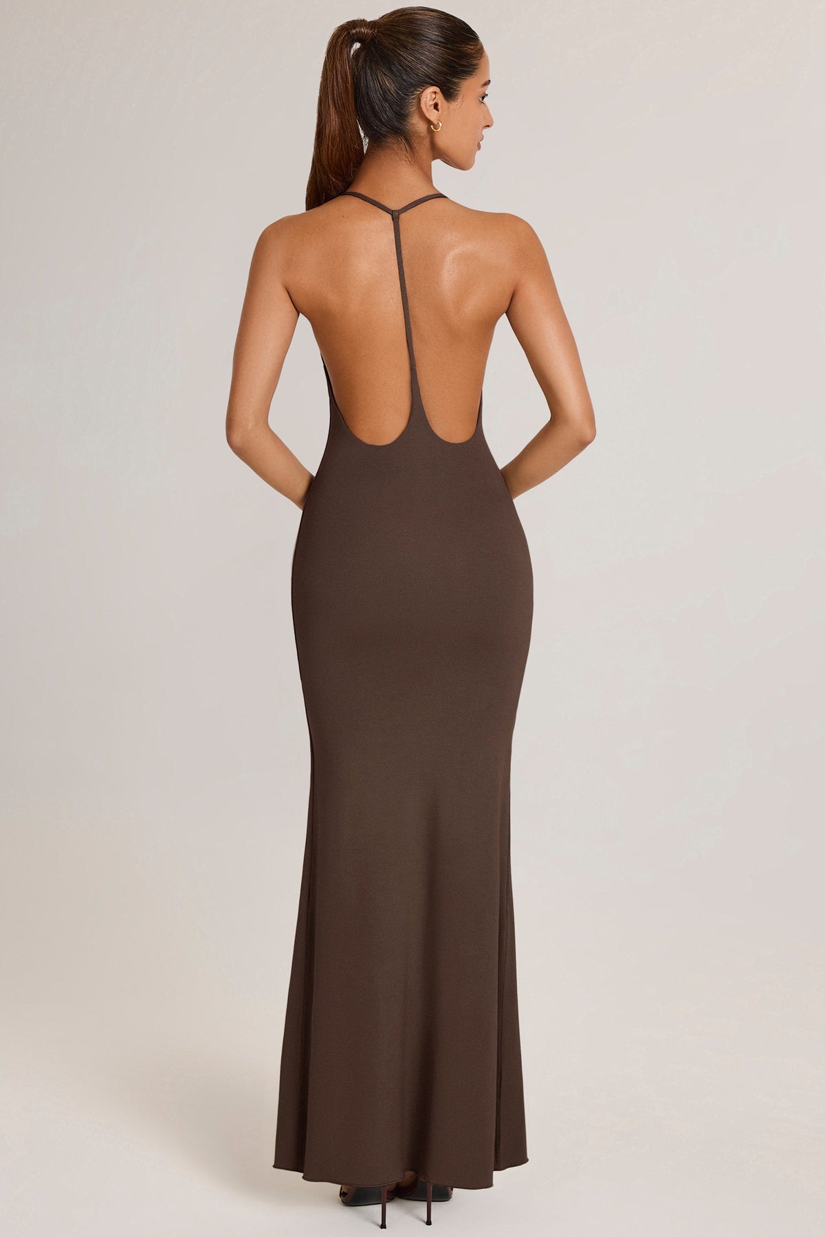Belavie Leira Modal Plunge Backless Maxi Dress in Chocolate Brown