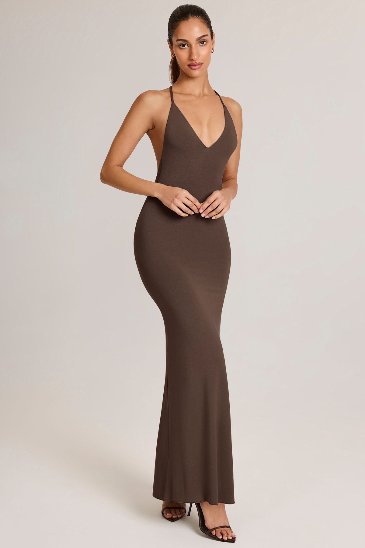 Belavie Leira Modal Plunge Backless Maxi Dress in Chocolate Brown