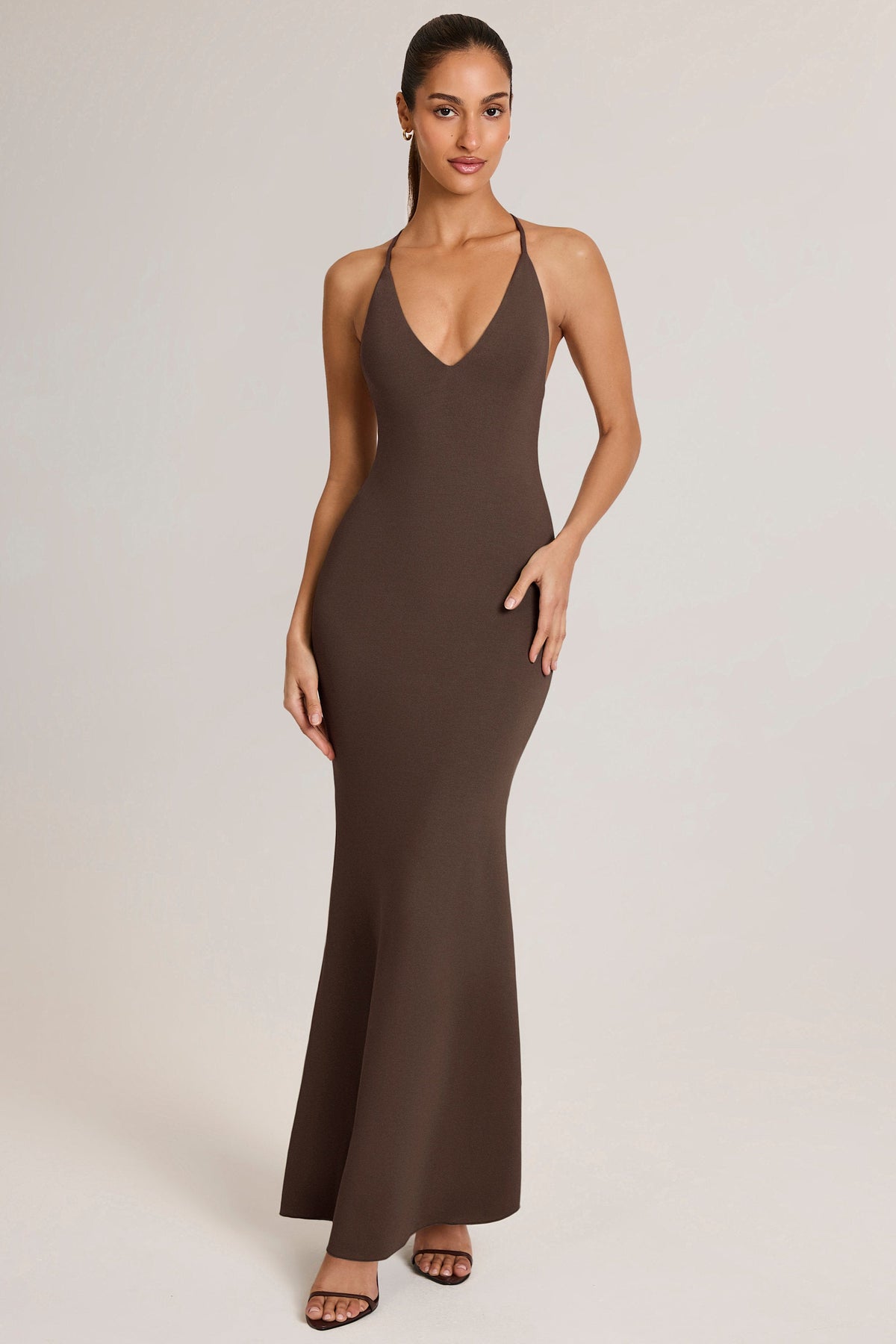 Belavie Leira Modal Plunge Backless Maxi Dress in Chocolate Brown