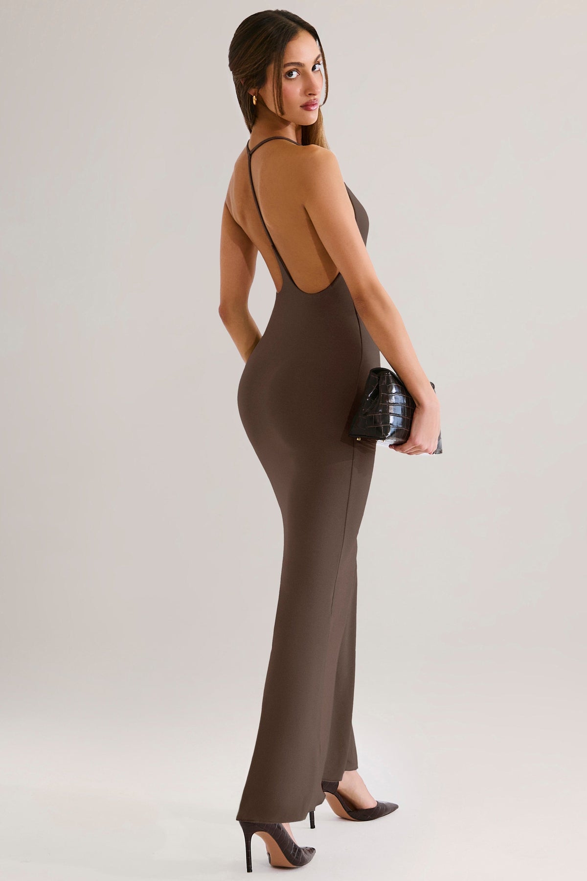 Belavie Leira Modal Plunge Backless Maxi Dress in Chocolate Brown