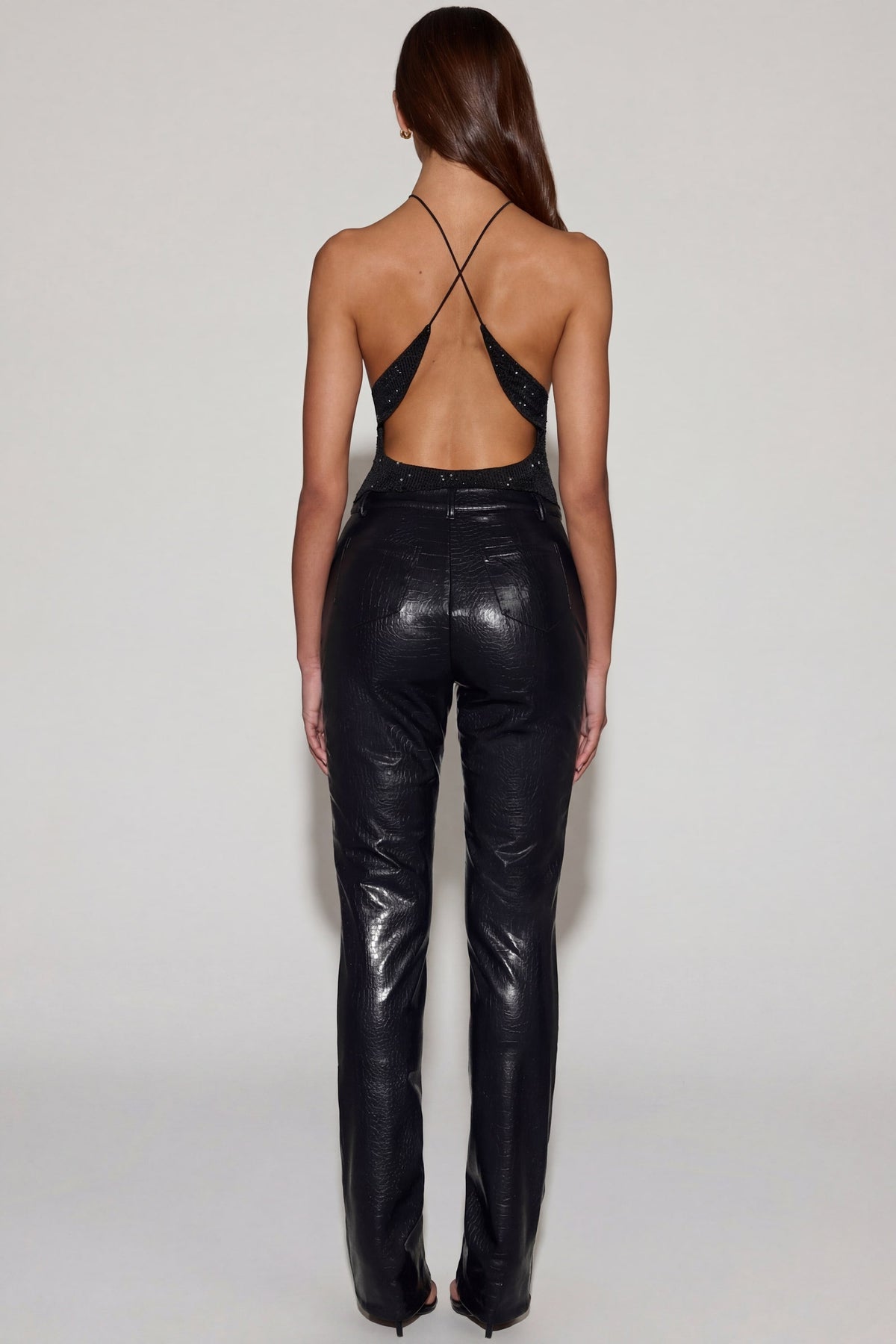 Belavie Nemyre Faux Croc-Leather Straight-Leg Trousers in Black