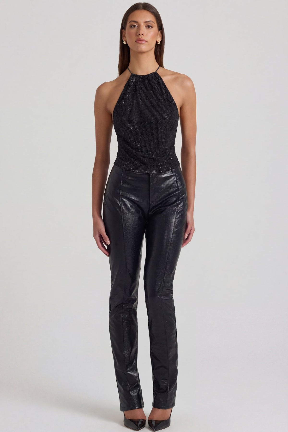 Belavie Nemyre Faux Croc-Leather Straight-Leg Trousers in Black