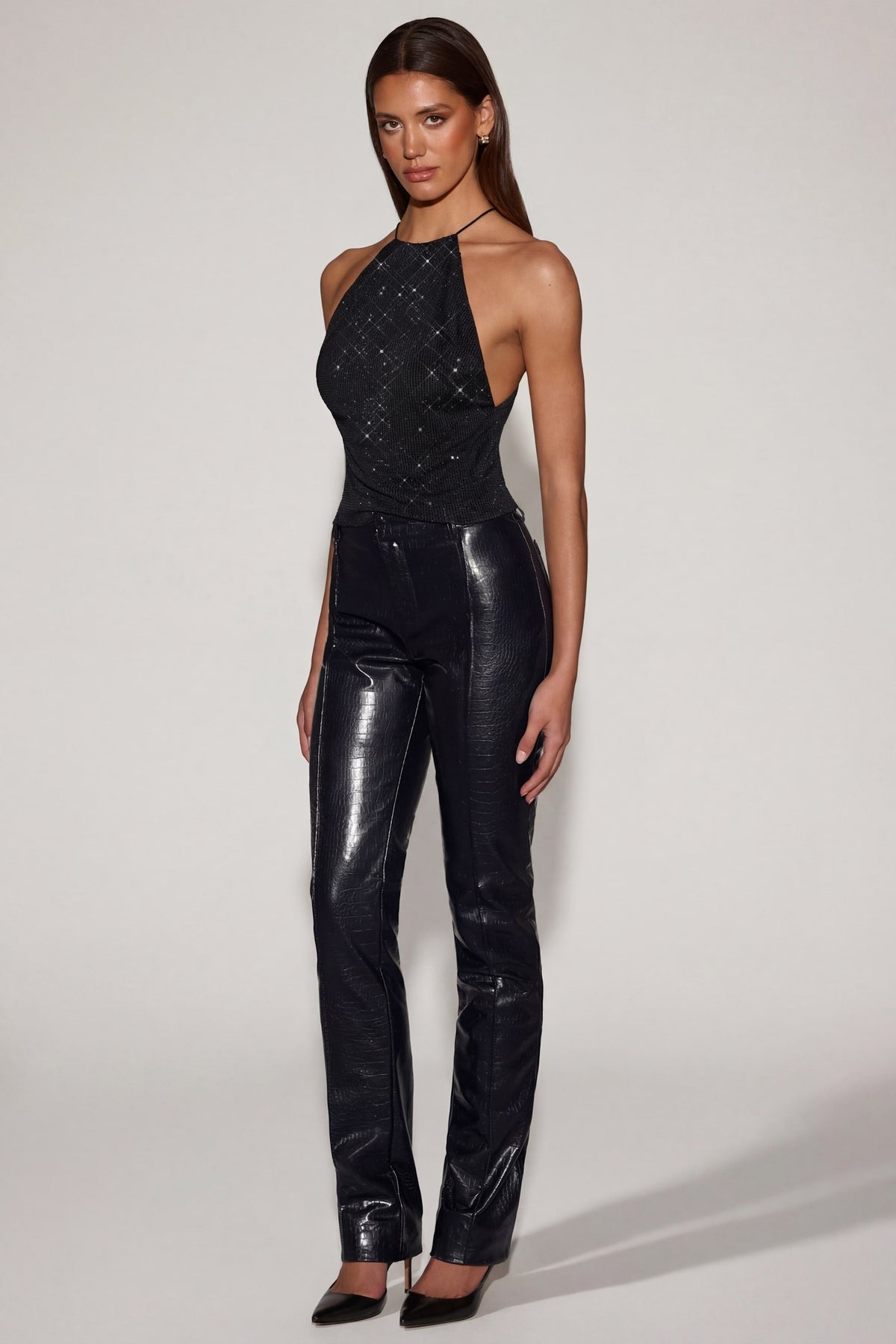 Belavie Nemyre Faux Croc-Leather Straight-Leg Trousers in Black