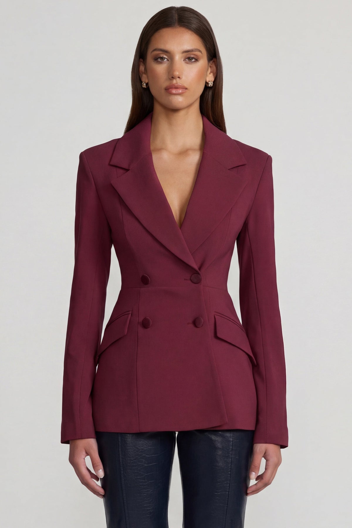Belavie Marike Structured Double-Breasted Blazer in Burgundy