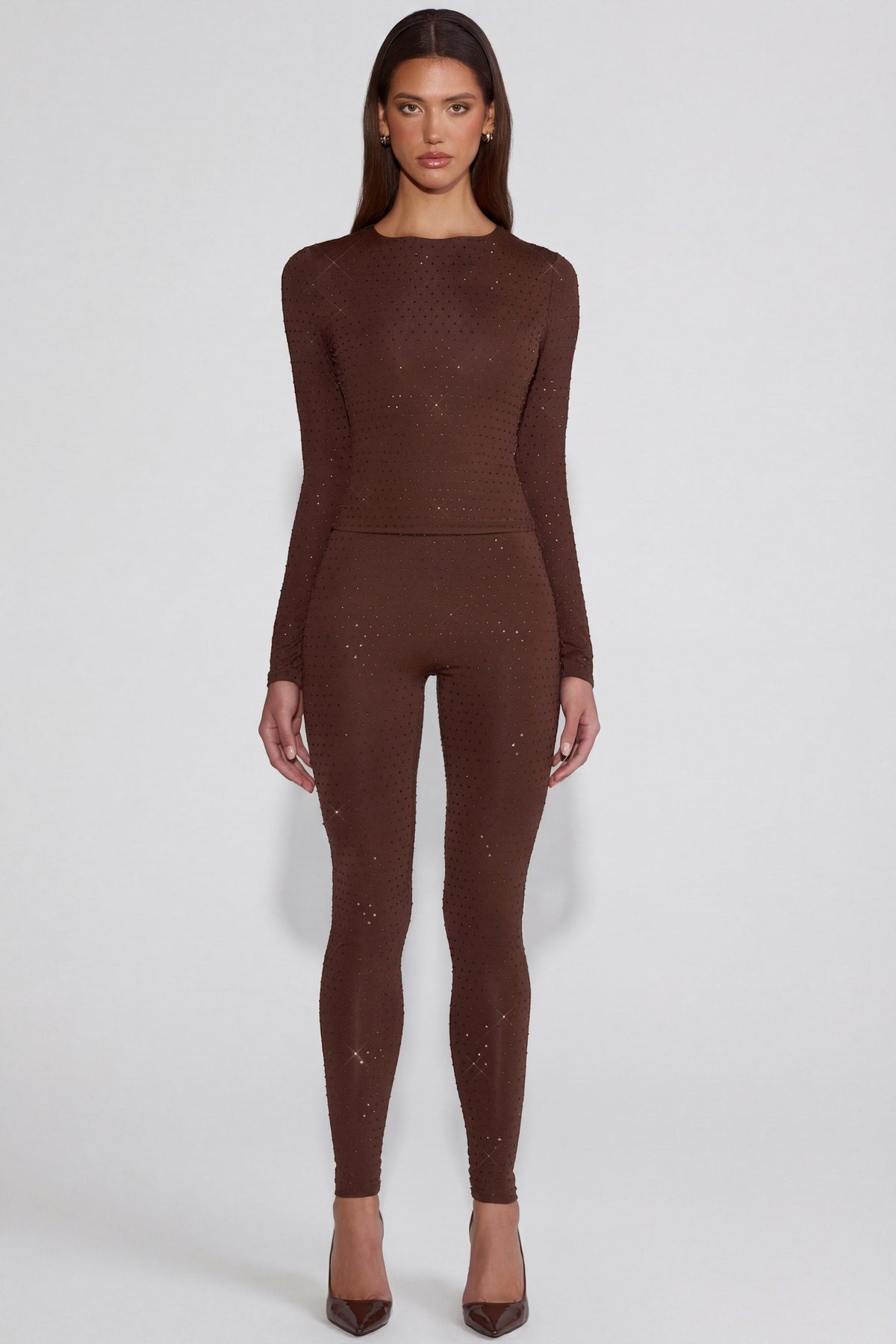 Belavie Cassia Embellished Jersey High-Waisted Leggings in Chocolate Brown