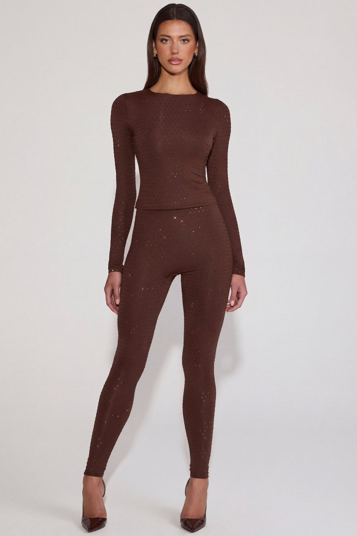 Belavie Cassia Embellished Jersey High-Waisted Leggings in Chocolate Brown