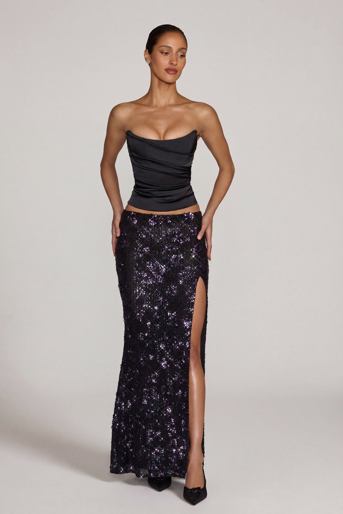 Belavie Nevare Embellished Mid-Rise Thigh-Split Maxi Skirt in Black Purple