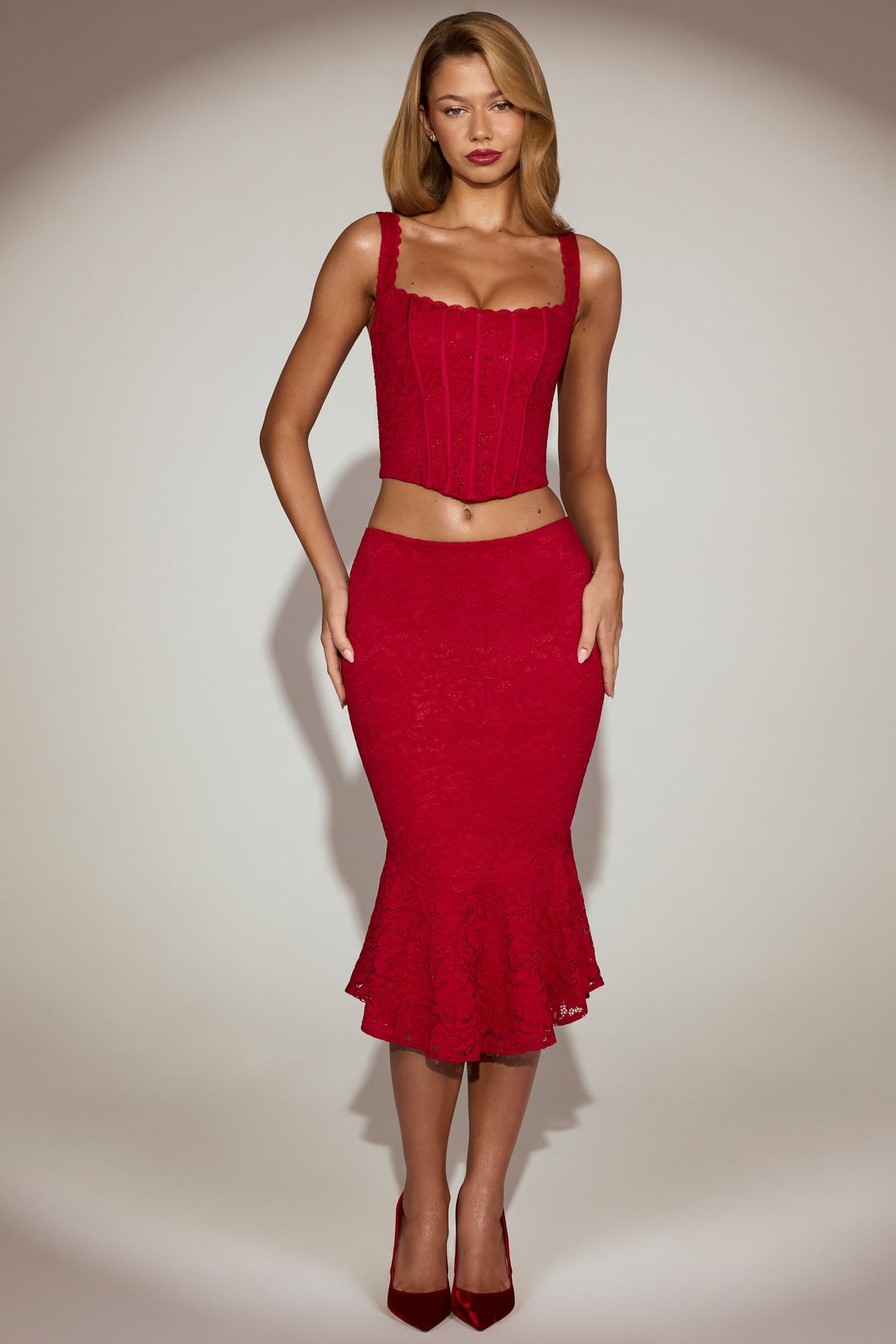 Belavie Lace Mid-Rise Fluted Midi Skirt in True Red