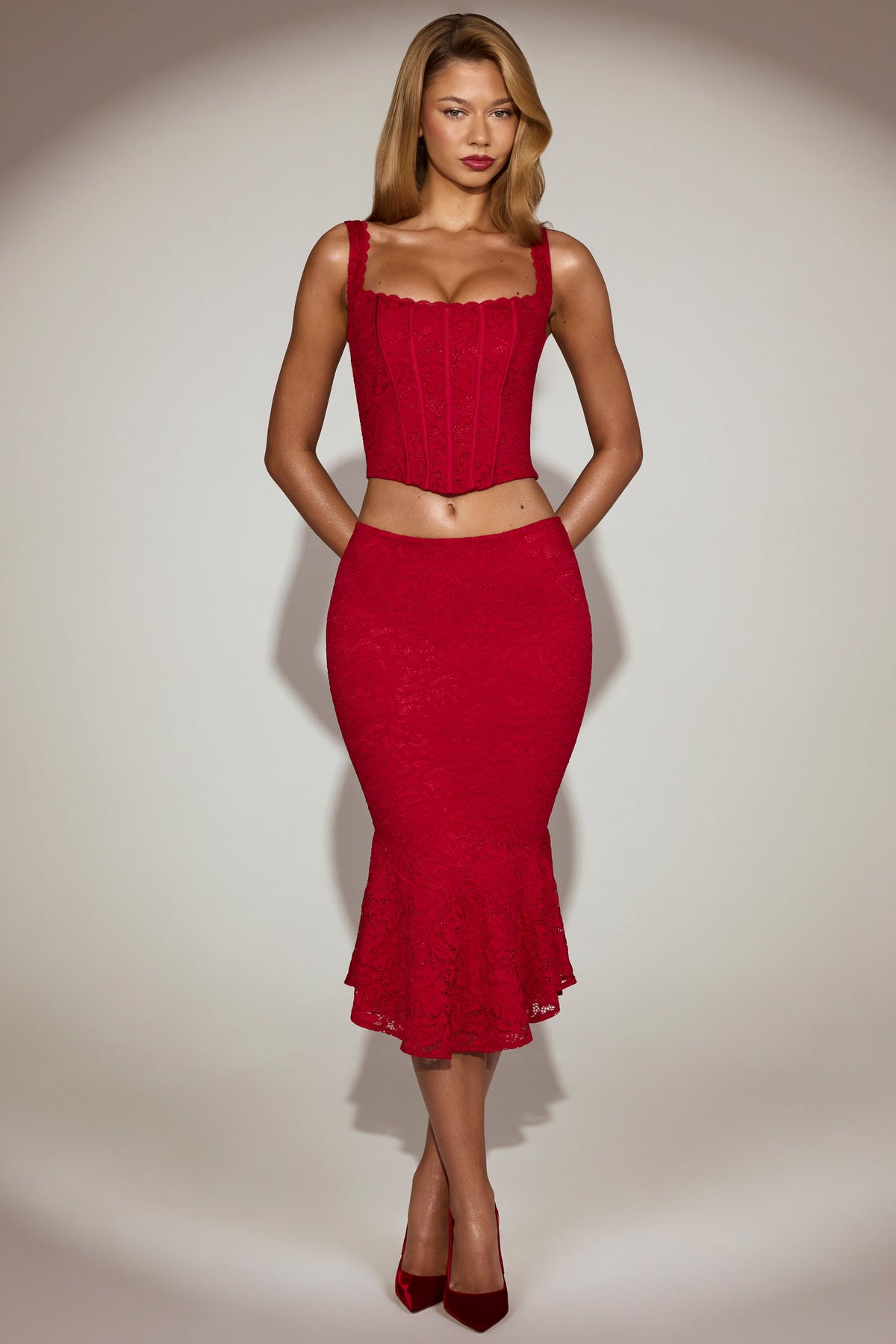 Belavie Lace Mid-Rise Fluted Midi Skirt in True Red