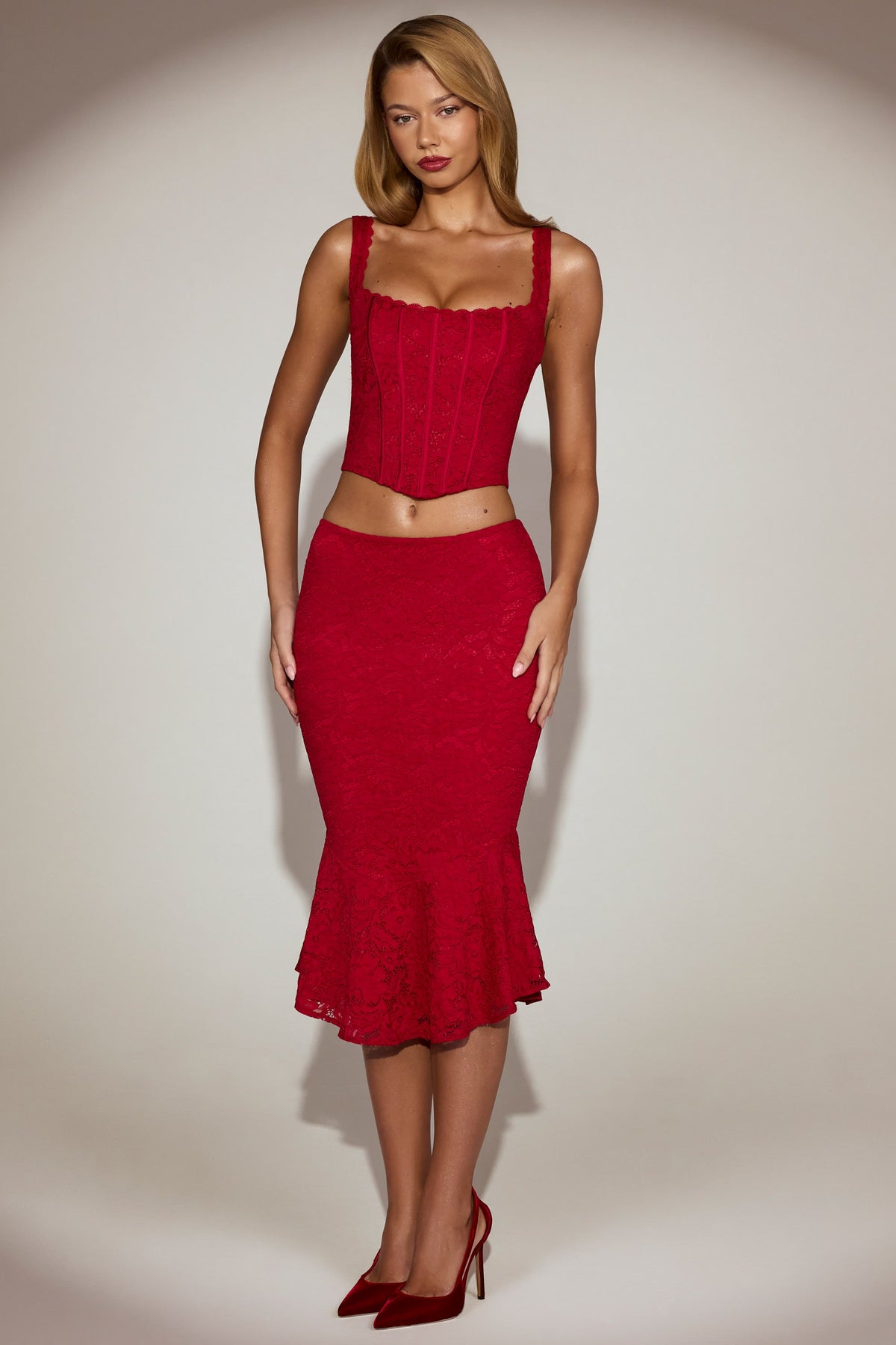 Belavie Lace Mid-Rise Fluted Midi Skirt in True Red