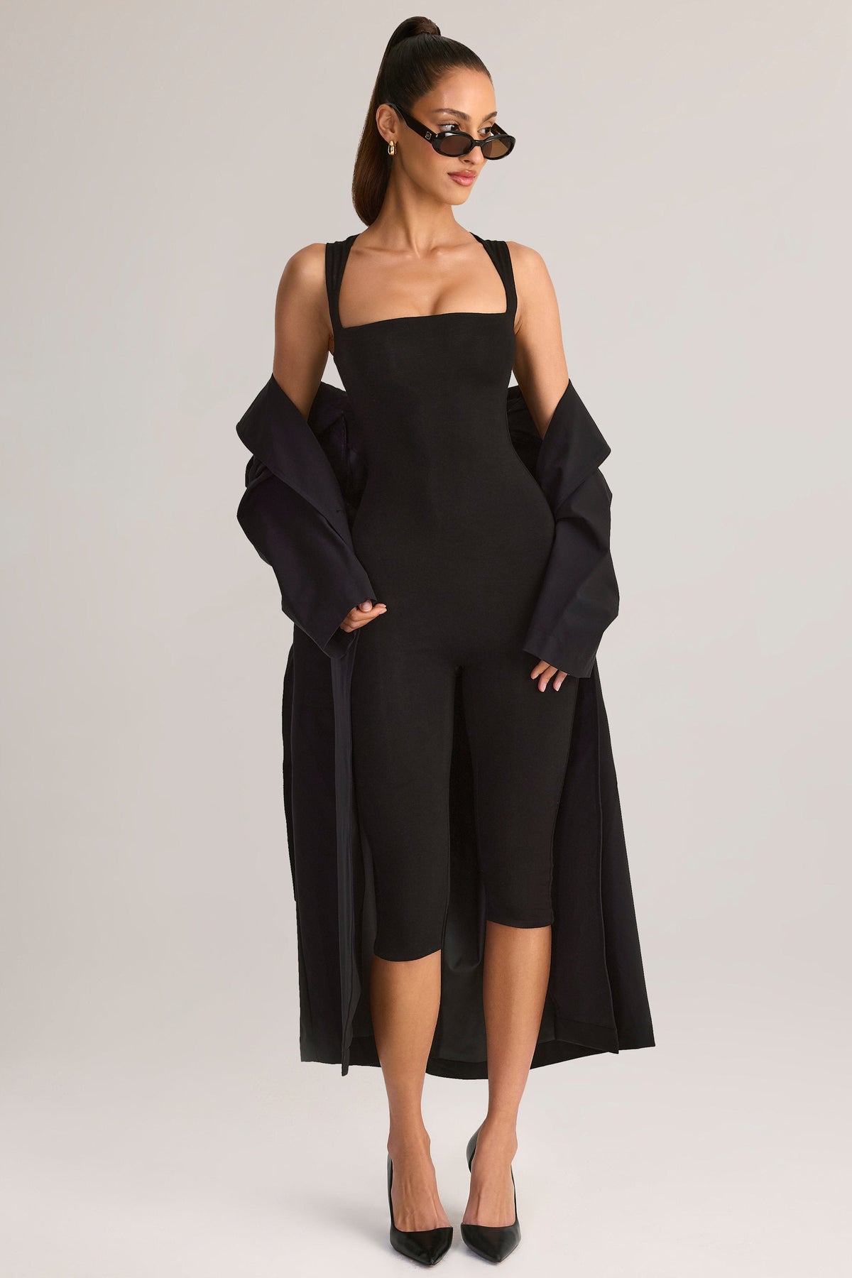 Belavie Lume Modal Square-Neck Bodycon Capri Jumpsuit in Black