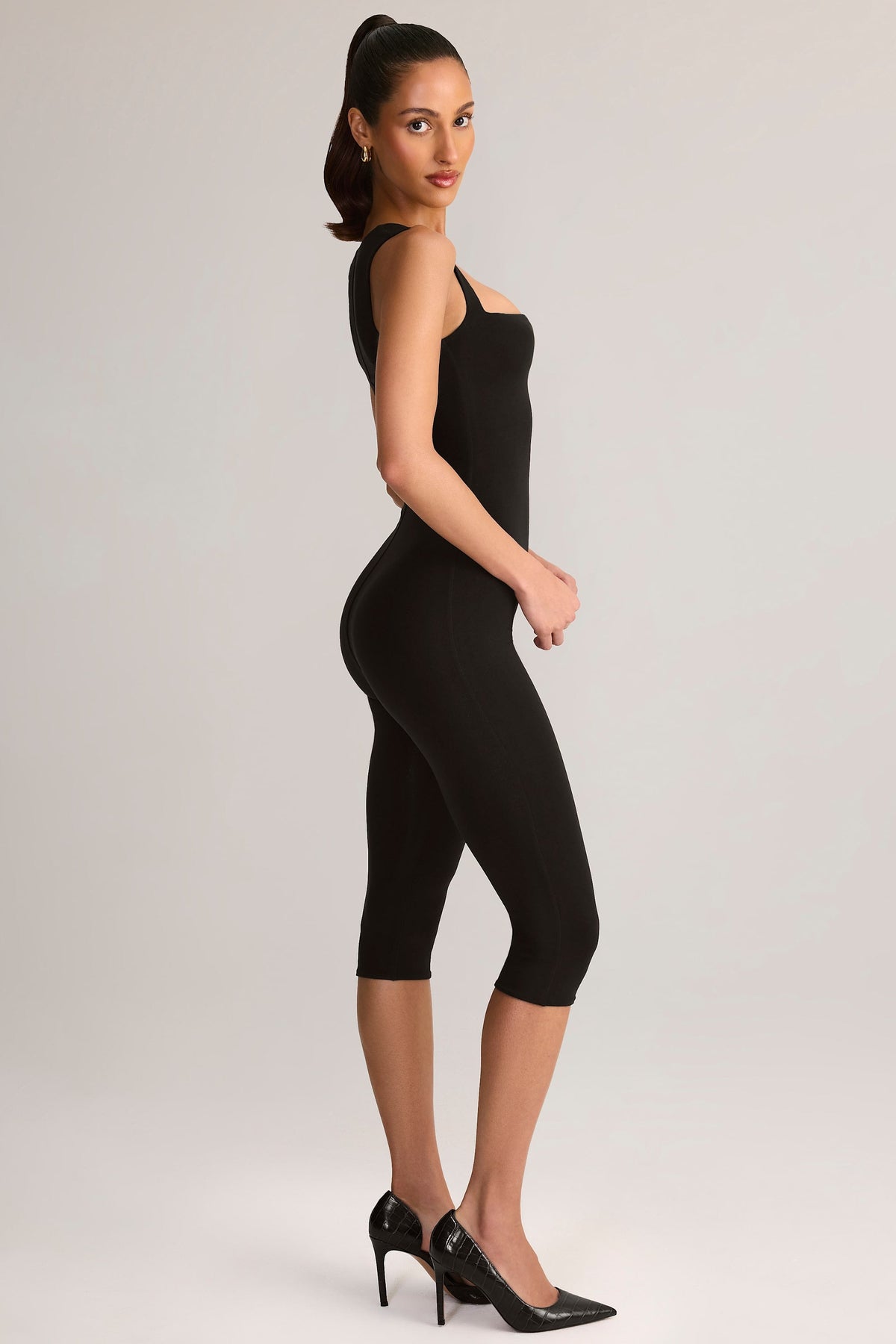 Belavie Lume Modal Square-Neck Bodycon Capri Jumpsuit in Black
