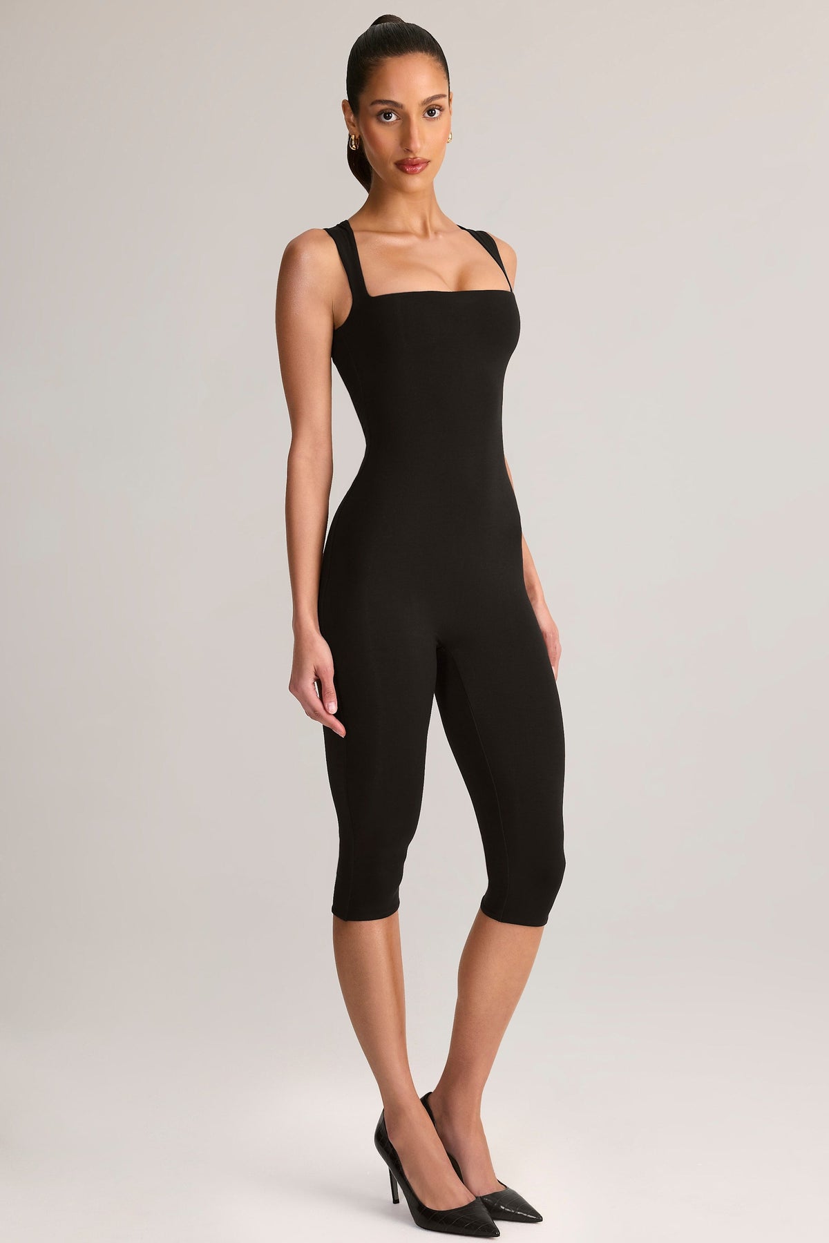 Belavie Lume Modal Square-Neck Bodycon Capri Jumpsuit in Black