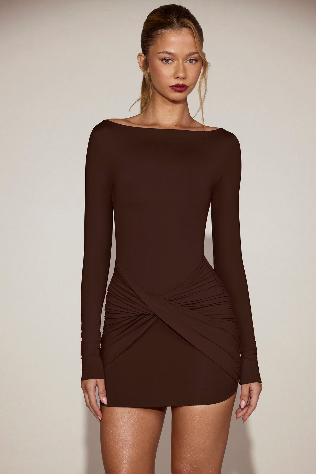 Belavie Briallan Soft-Jersey Boat-Neck Draped Mini Dress in Chocolate Brown