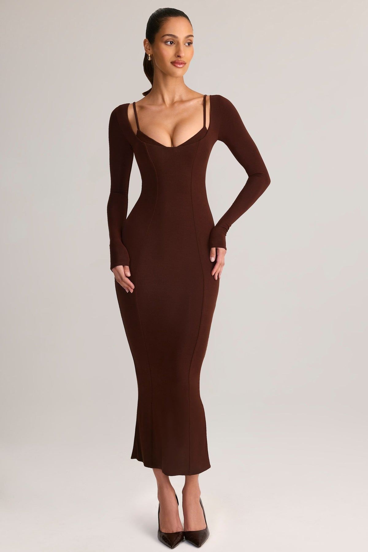 Belavie Ore Modal Peekaboo Long-Sleeve Midi Dress in Chocolate Brown