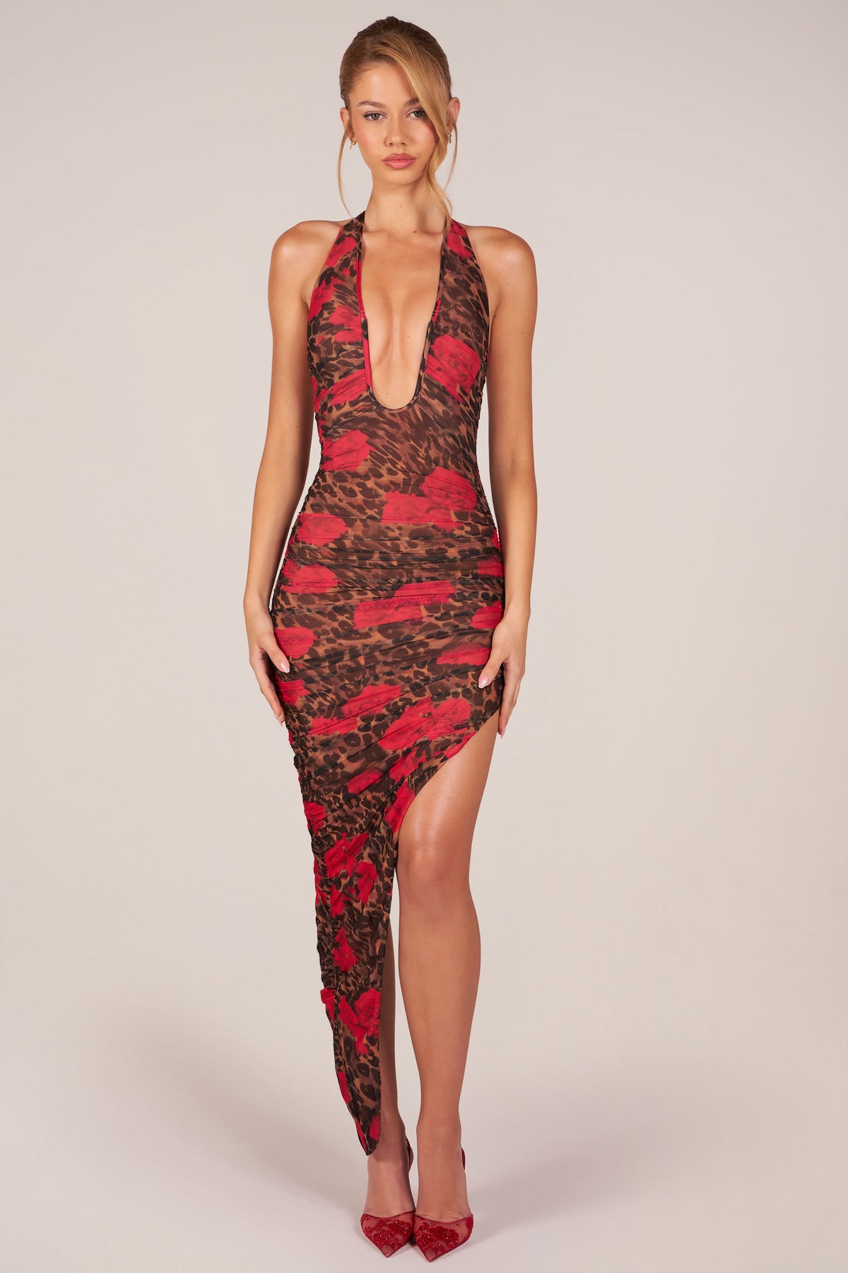 Belavie Halterneck Split Hem Midaxi Dress in Rose Leopard Print