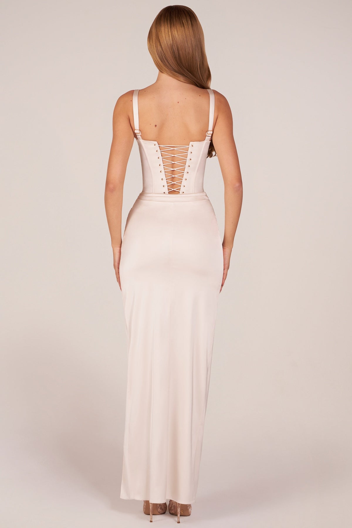 Belavie Marleegh Corseted Thigh-High Split Maxi Dress in Pearl