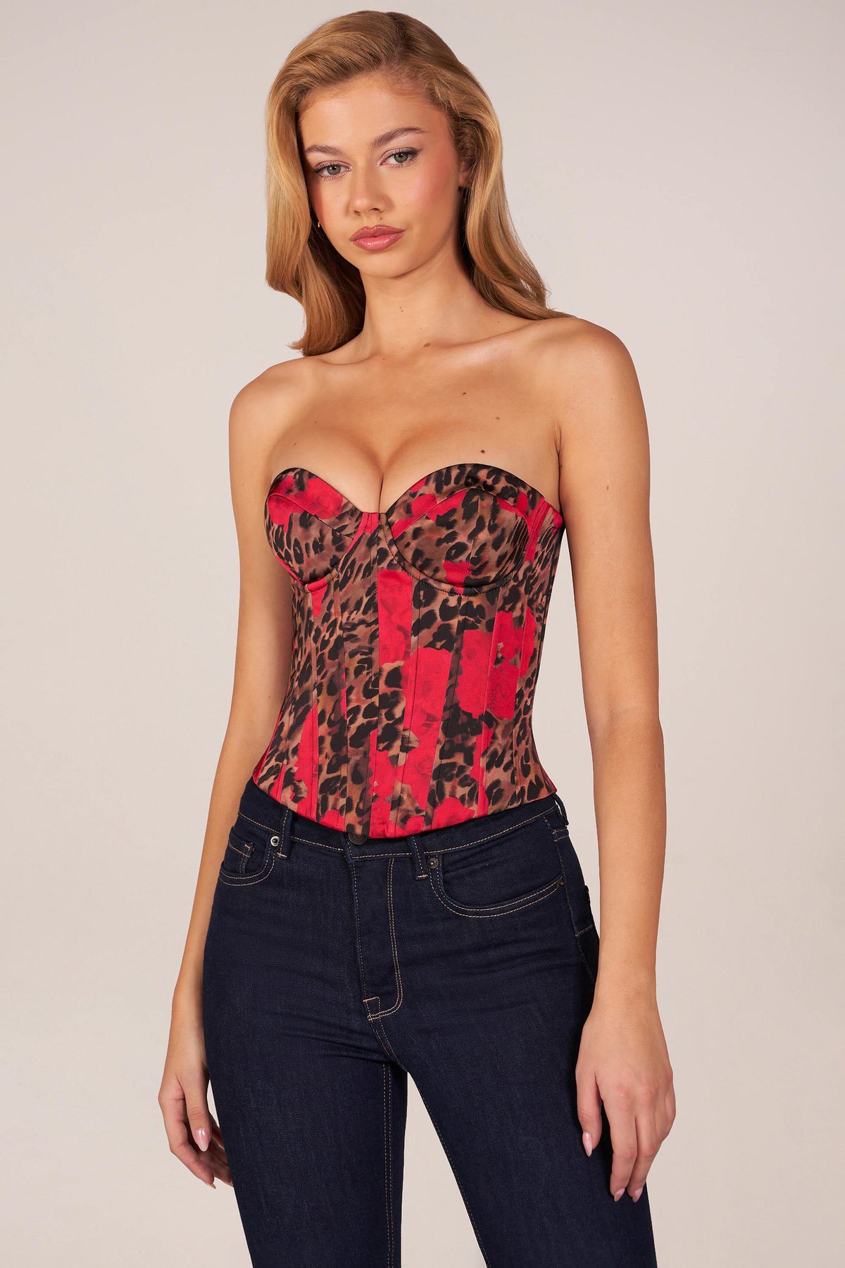 Belavie Bandeau Lace-Up Corset Top in Rose Leopard Print