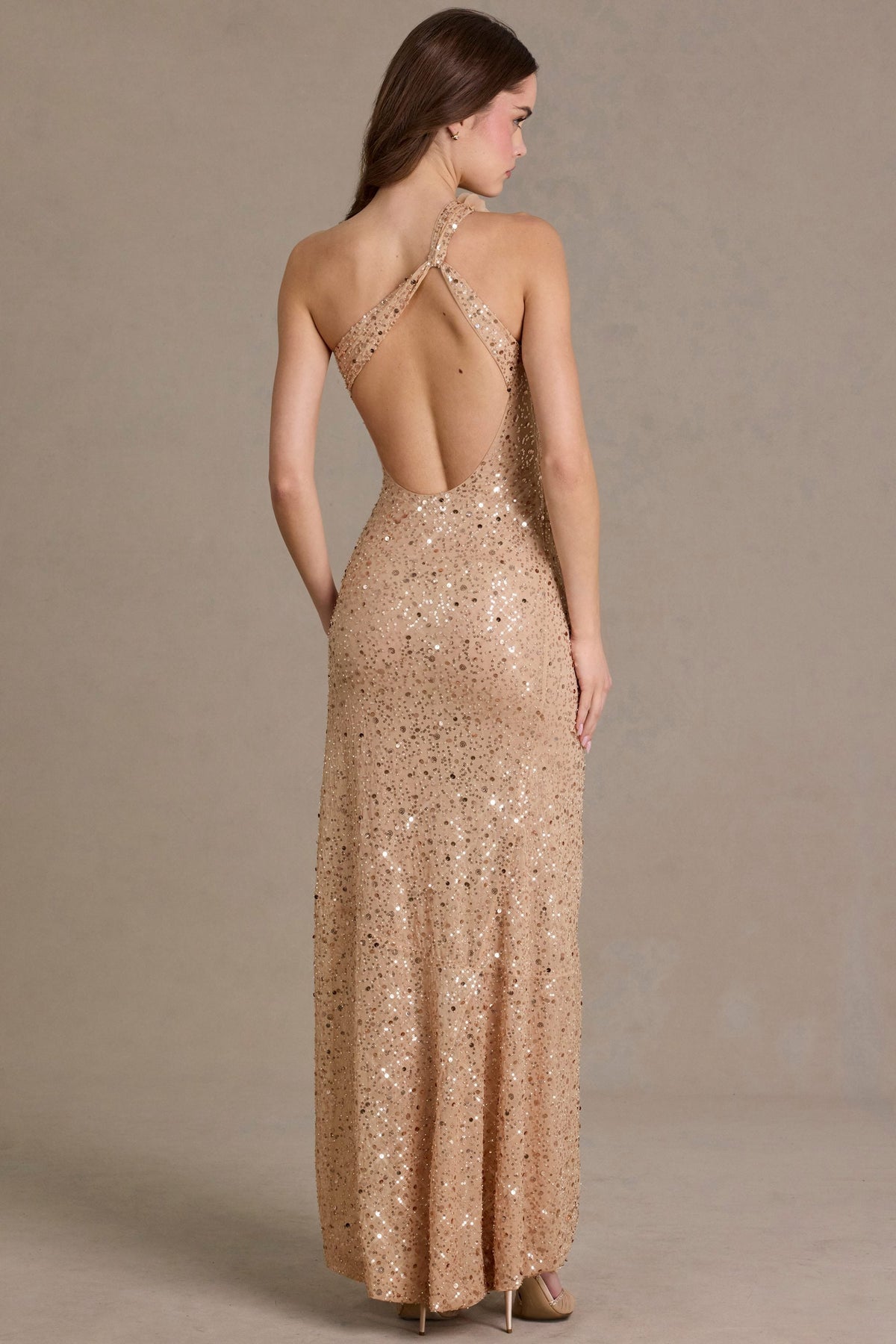 Belavie Embellished Asymmetric One-Shoulder Maxi Dress in Sand