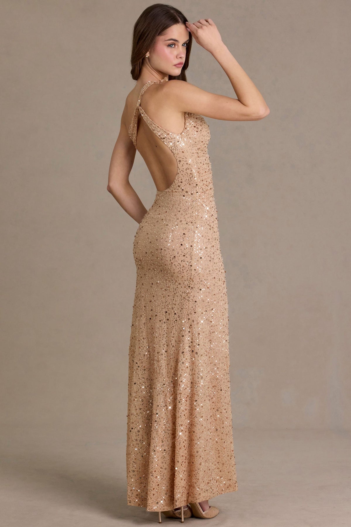 Belavie Embellished Asymmetric One-Shoulder Maxi Dress in Sand