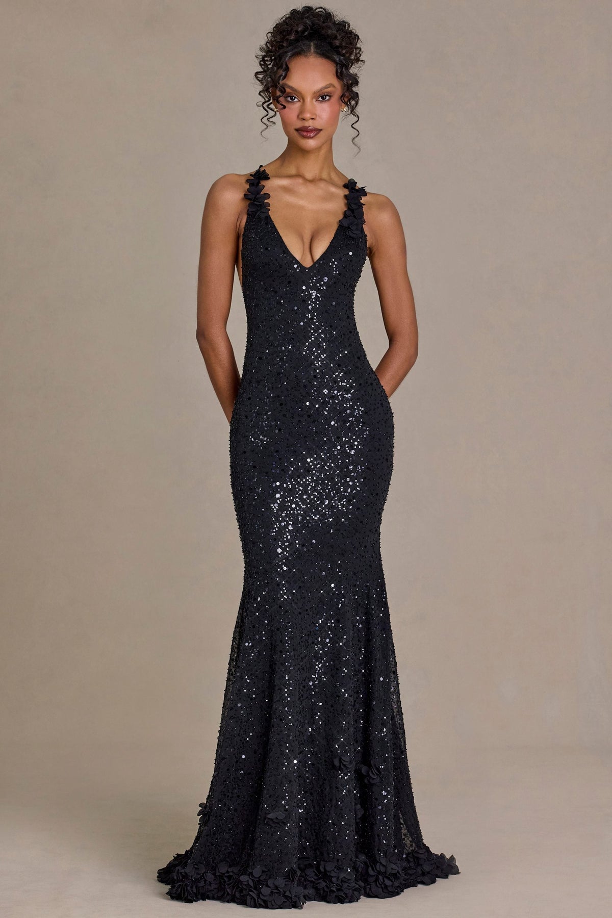 Belavie Embellished Plunge Open-Back Gown in Black