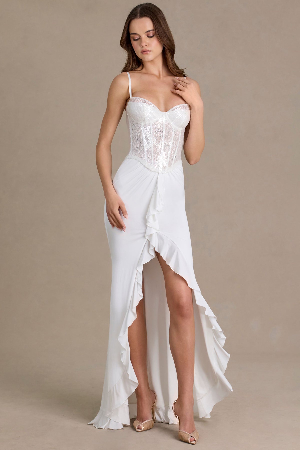 Belavie Embellished Lace Corset Gown in White