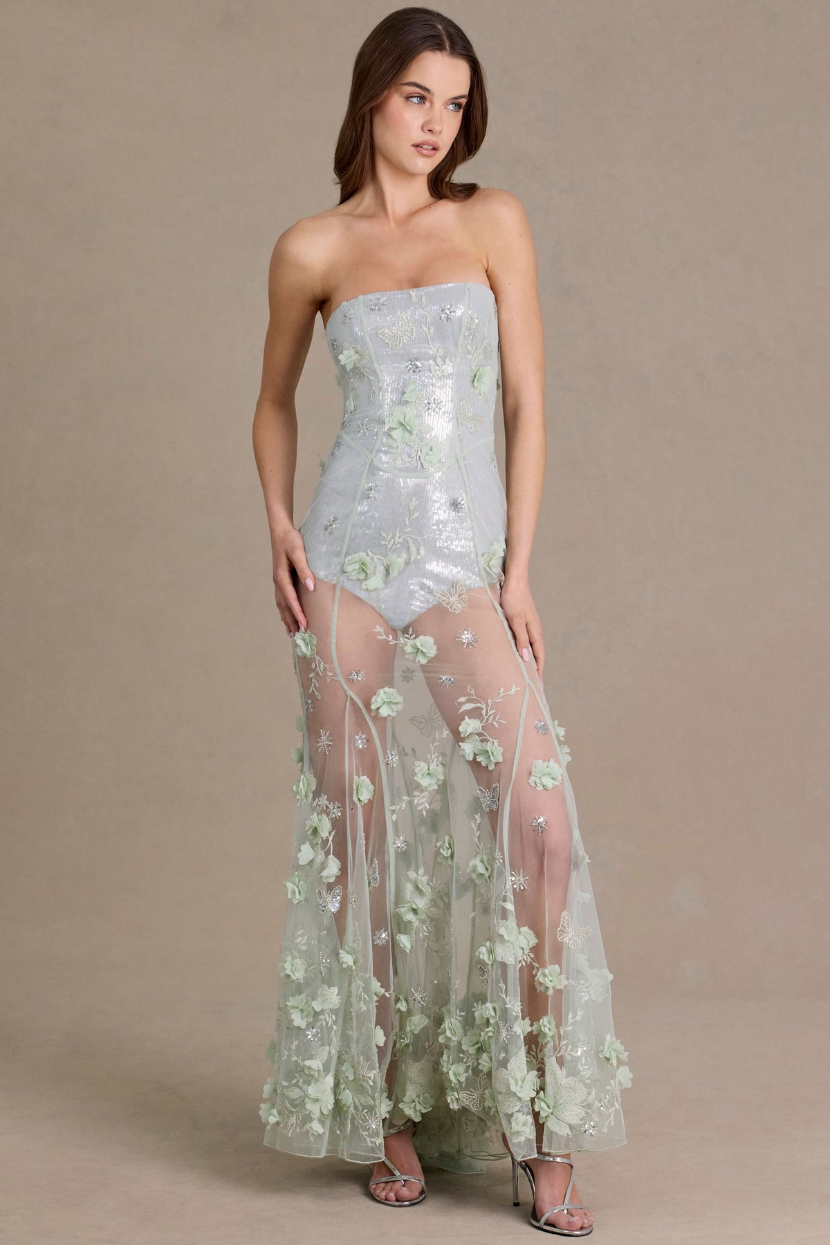 Belavie Embellished Tulle Corset Gown in Sage Green