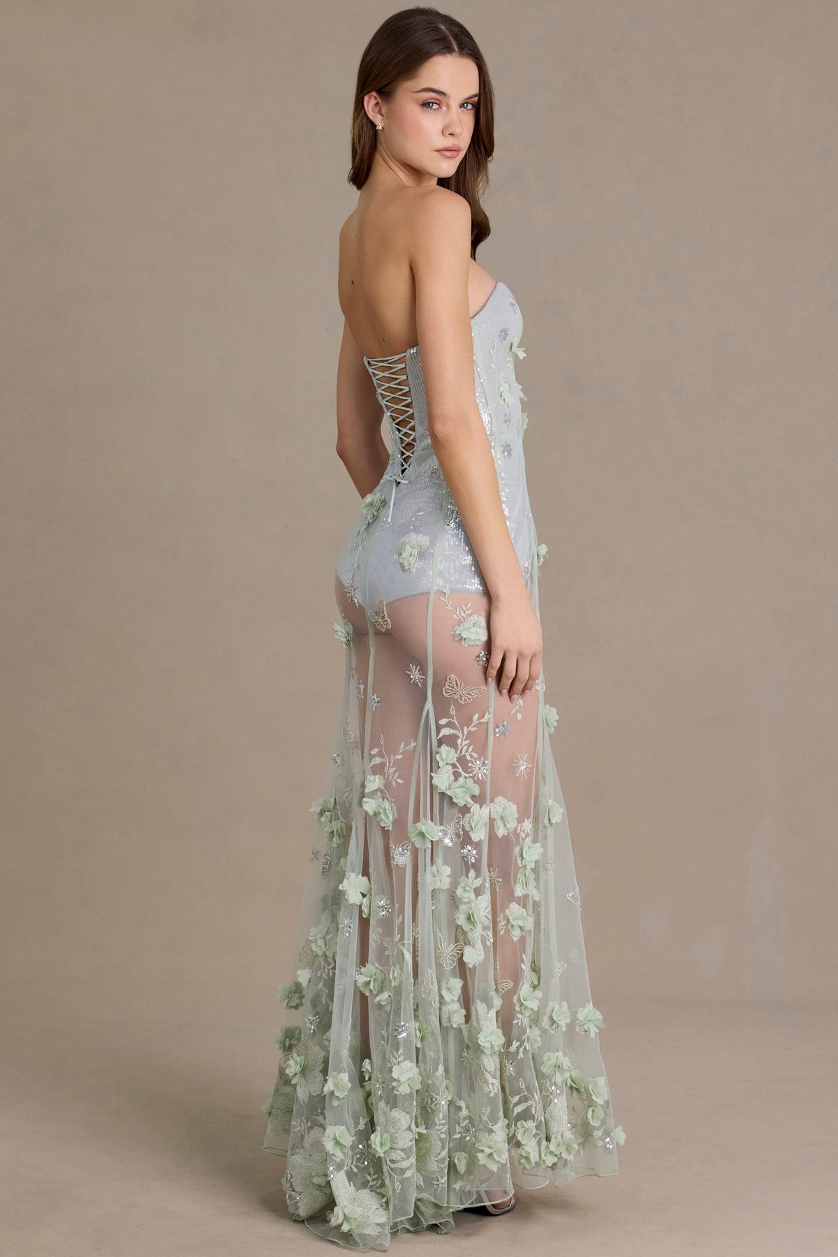 Belavie Embellished Tulle Corset Gown in Sage Green