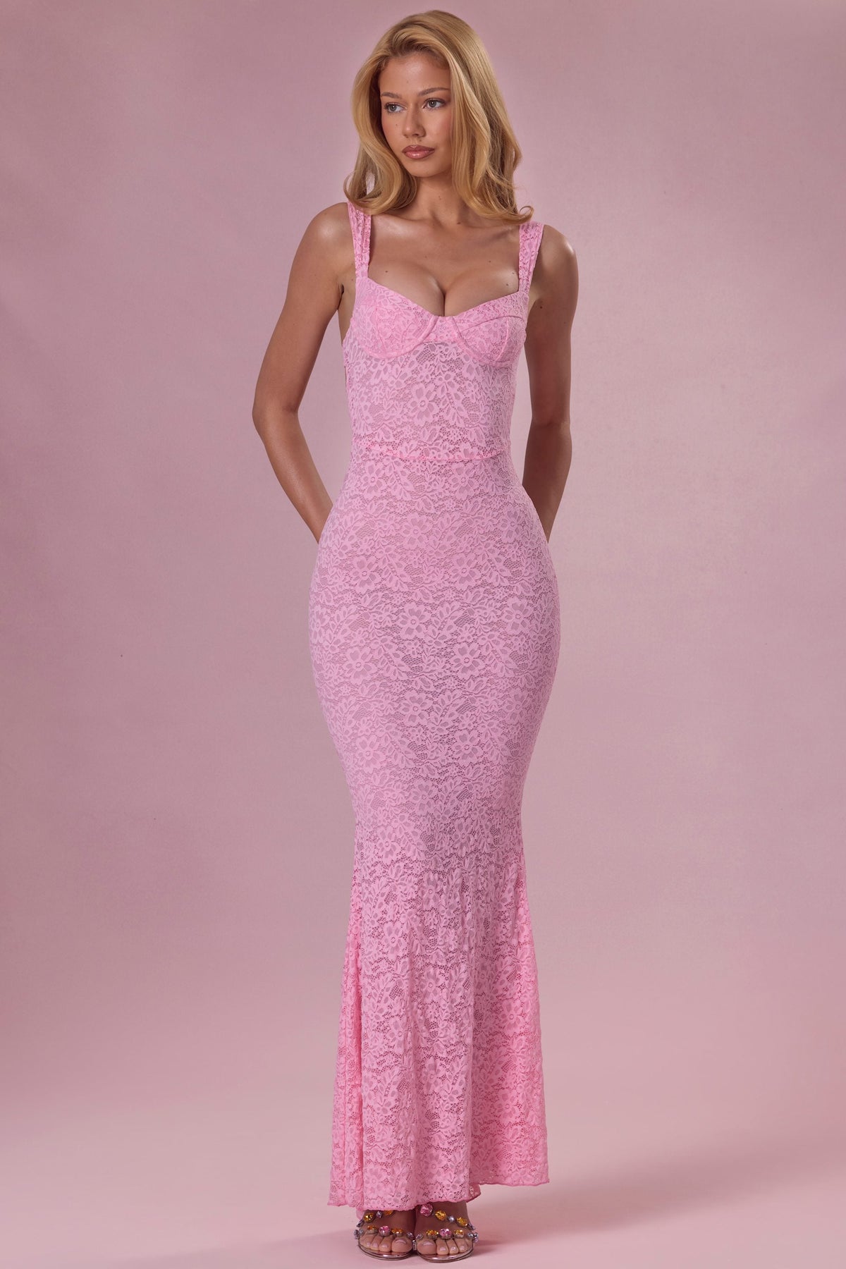Belavie Lillienna Lace Sweetheart-Neck Gown in Blush Pink