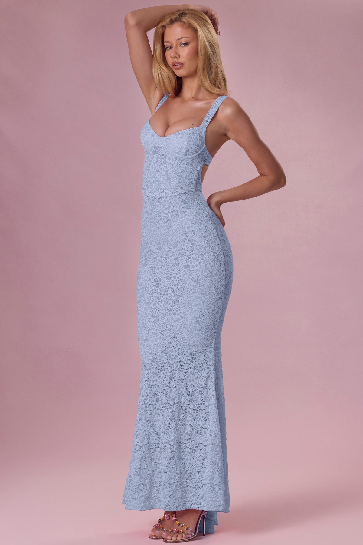Belavie Lillienna Lace Sweetheart-Neck Gown in Sky Blue