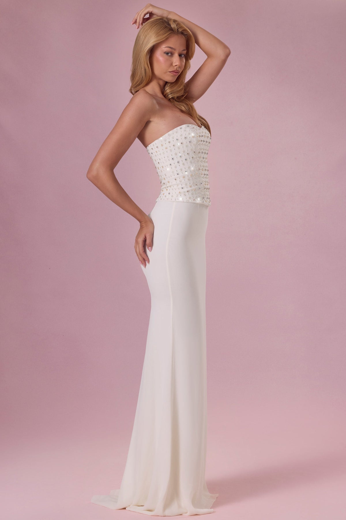 Belavie Melore Embellished Corset Strapless Gown in Pearl