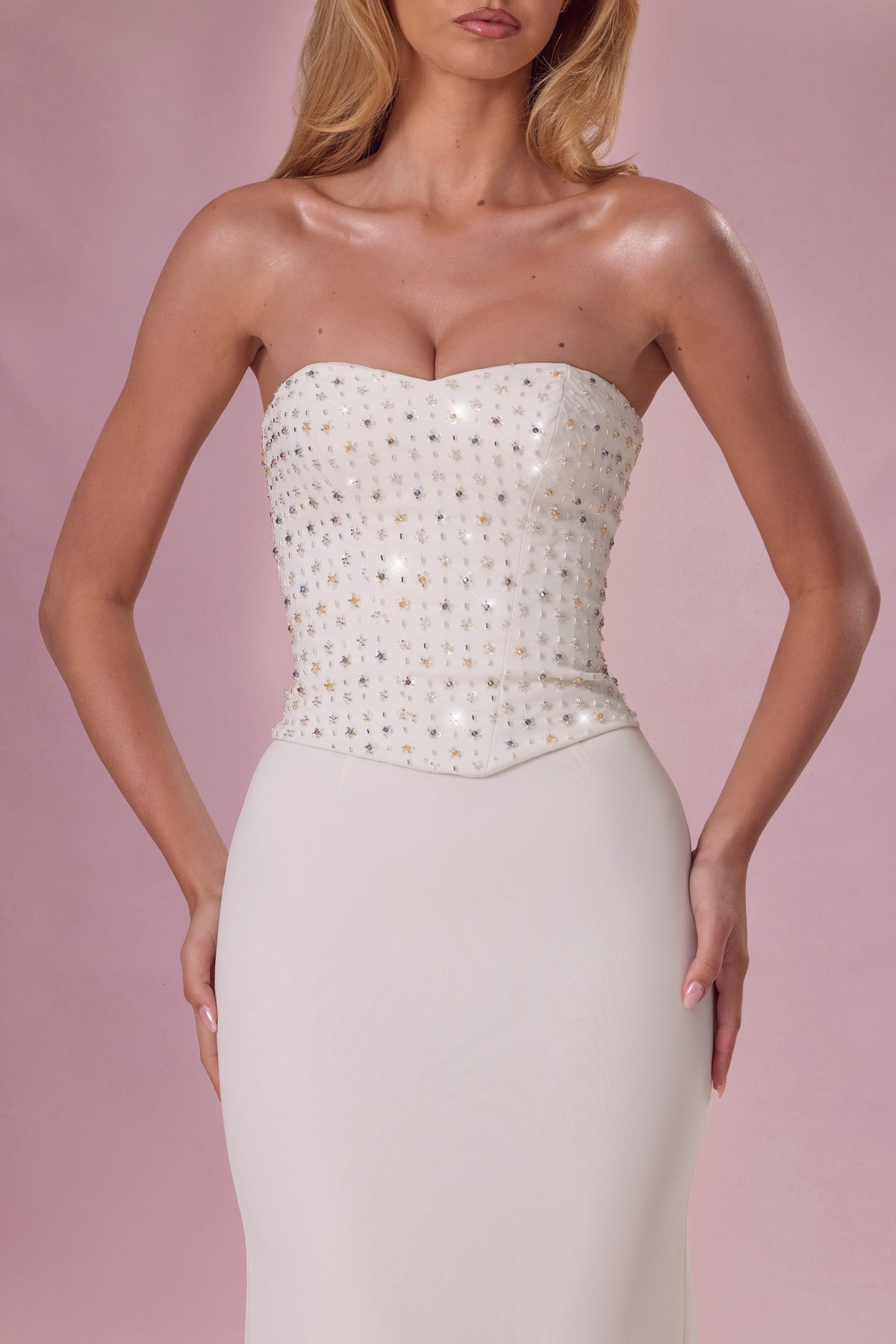 Belavie Melore Embellished Corset Strapless Gown in Pearl