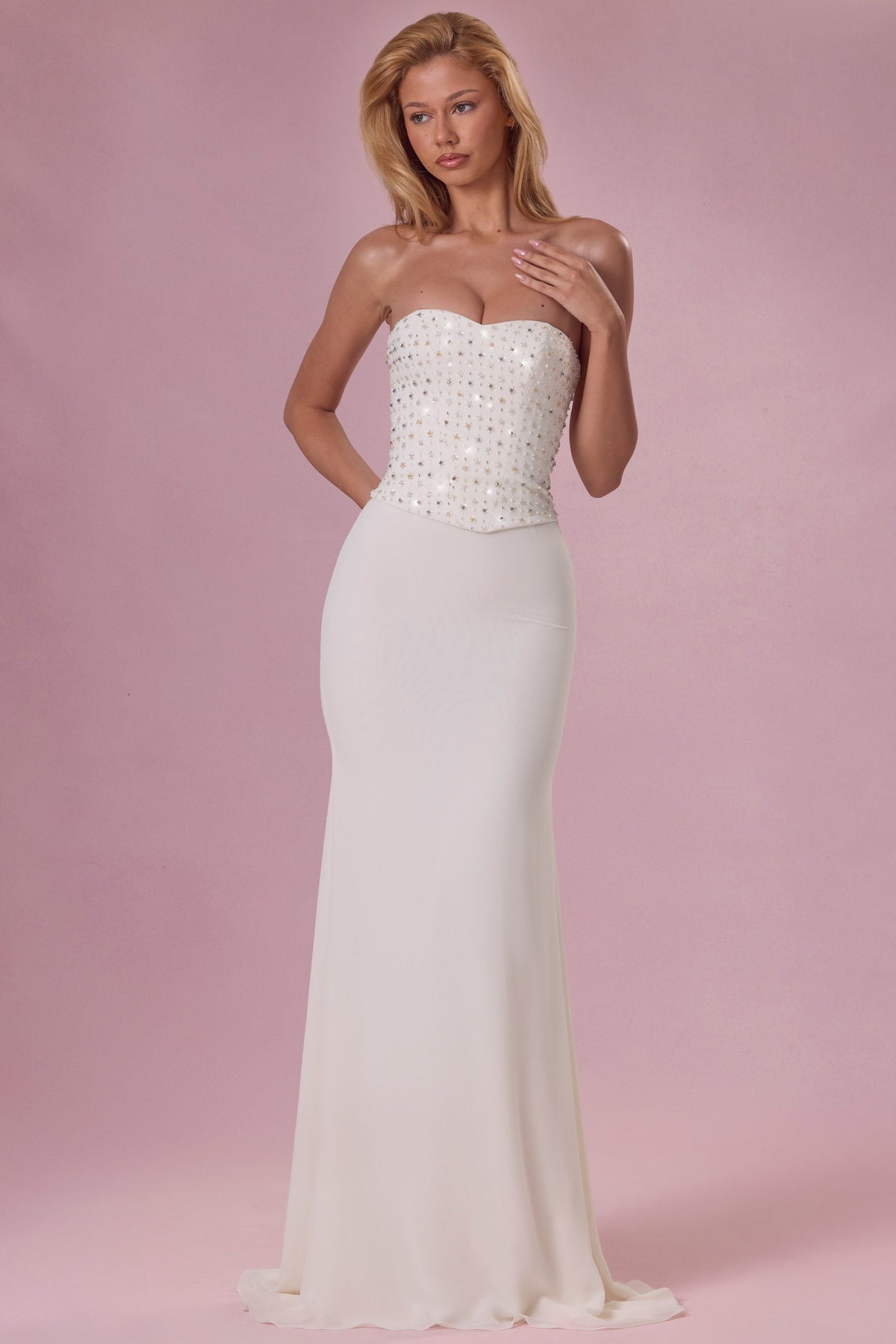 Belavie Melore Embellished Corset Strapless Gown in Pearl