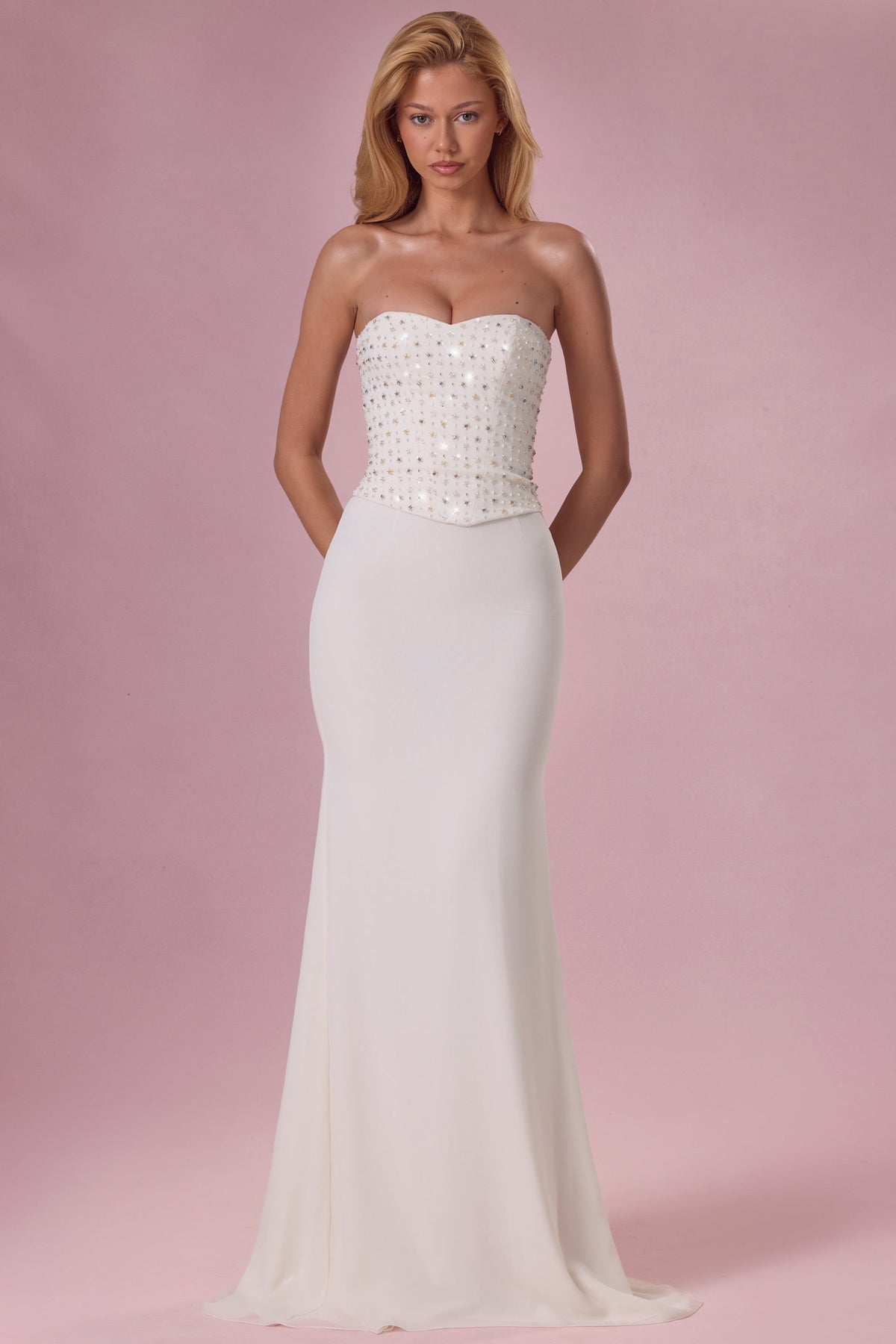 Belavie Melore Embellished Corset Strapless Gown in Pearl