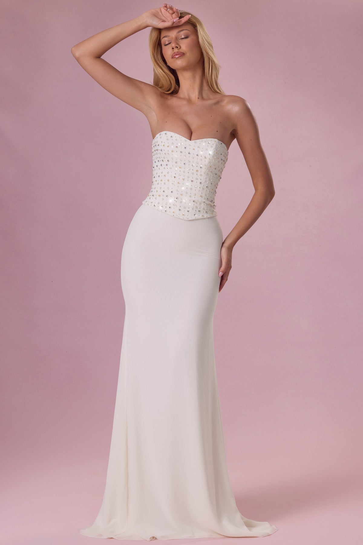 Belavie Melore Embellished Corset Strapless Gown in Pearl