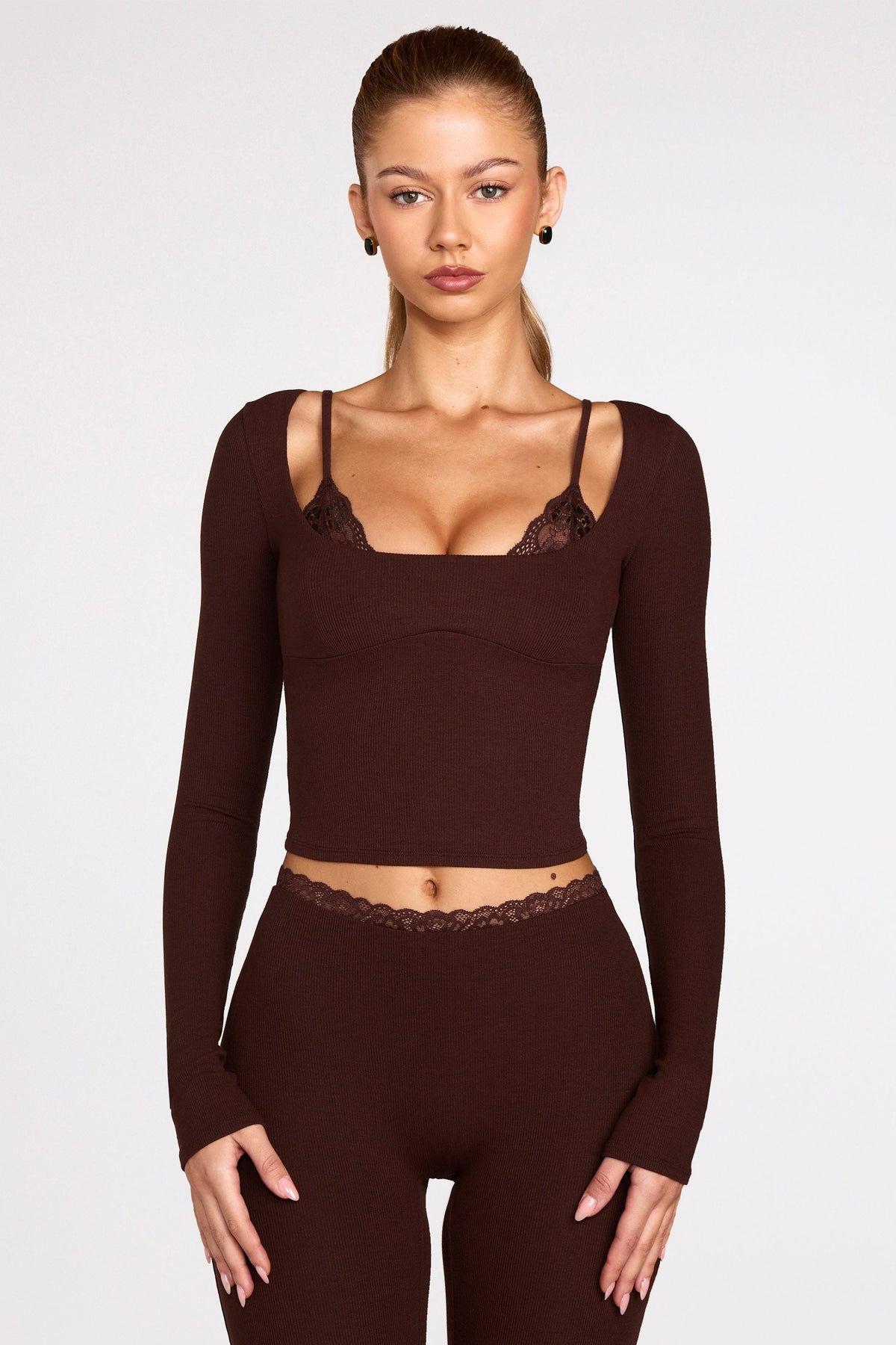Belavie Margaox Ribbed Modal Long-Sleeve Laced Bra Top in Chocolate Brown
