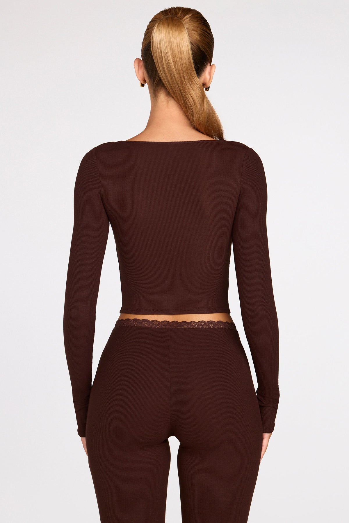 Belavie Margaox Ribbed Modal Long-Sleeve Laced Bra Top in Chocolate Brown