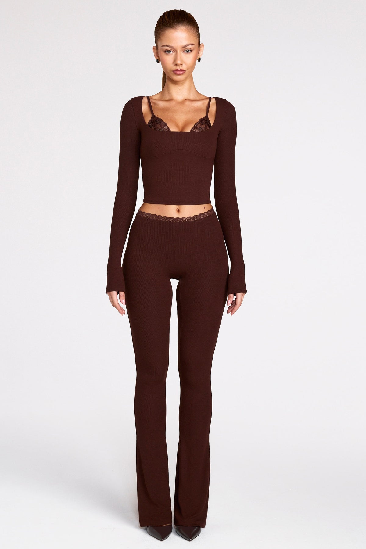 Belavie Margaox Ribbed Modal Long-Sleeve Laced Bra Top in Chocolate Brown